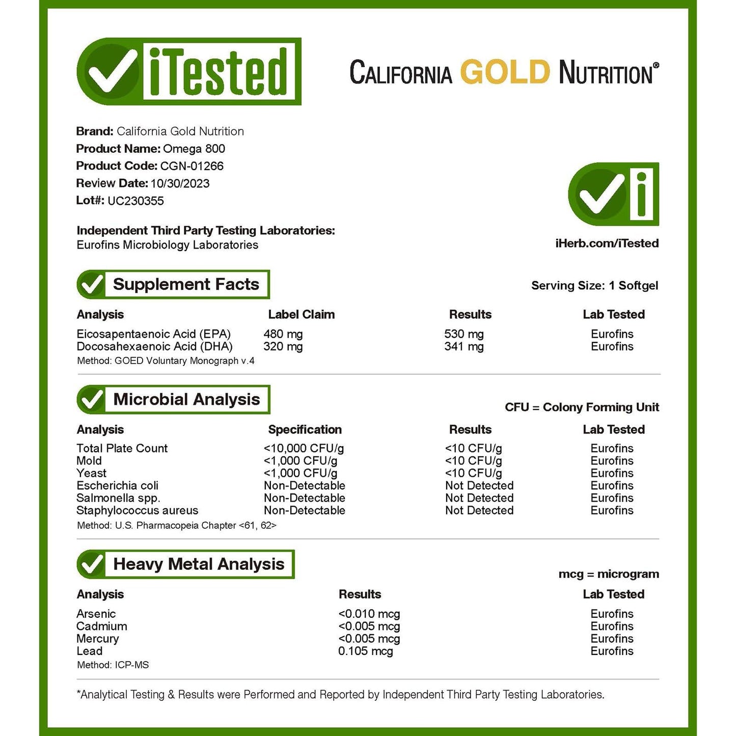 California Gold Nutrition Omega 800 Ultra-Concentrated Omega-3 Fish Oil Softgels, 90 Count
