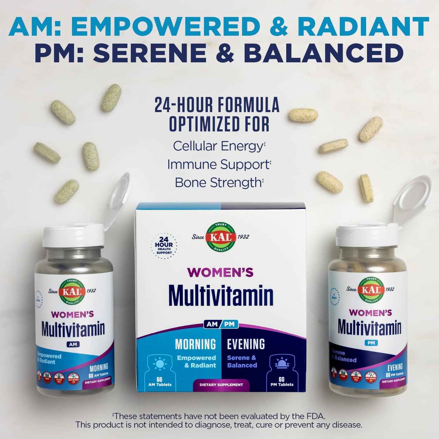 KAL Women's Multivitamin AM/PM 2-in-1 with Ashwagandha, Silica, Organic Spirulina & GABA for Cellular Energy, Bone Strength, Immune Support, Vegan, 120 Tablets