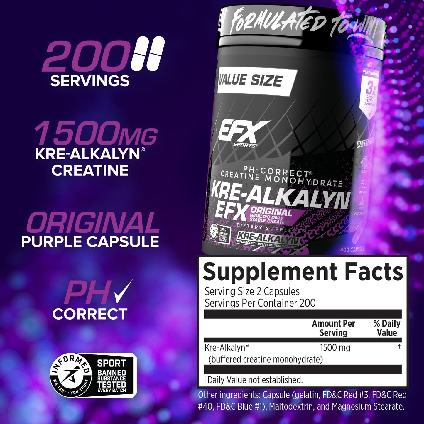 EFX Sports Kre-Alkalyn EFX Creatine Monohydrate Capsule, 400 Capsules