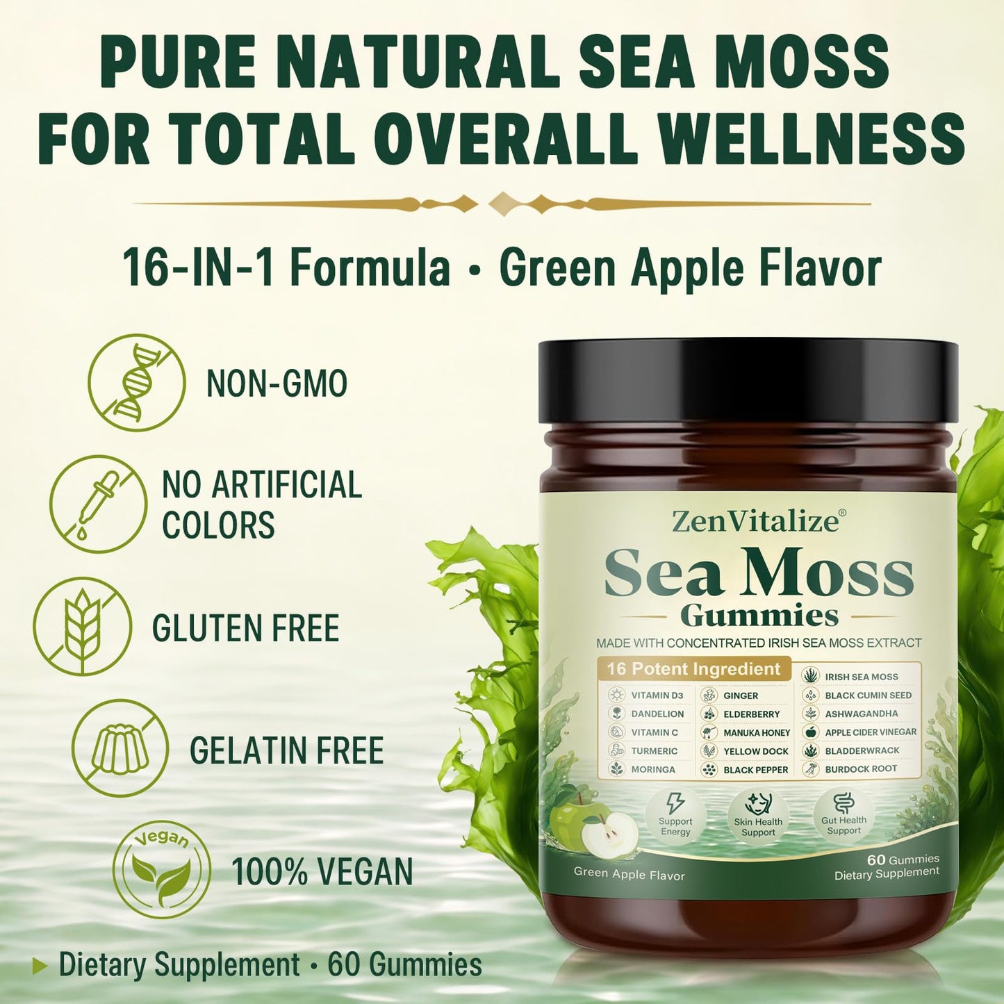 ZenVitalize Sea Moss Gummies 16-in-1 Gummy, 60 Count