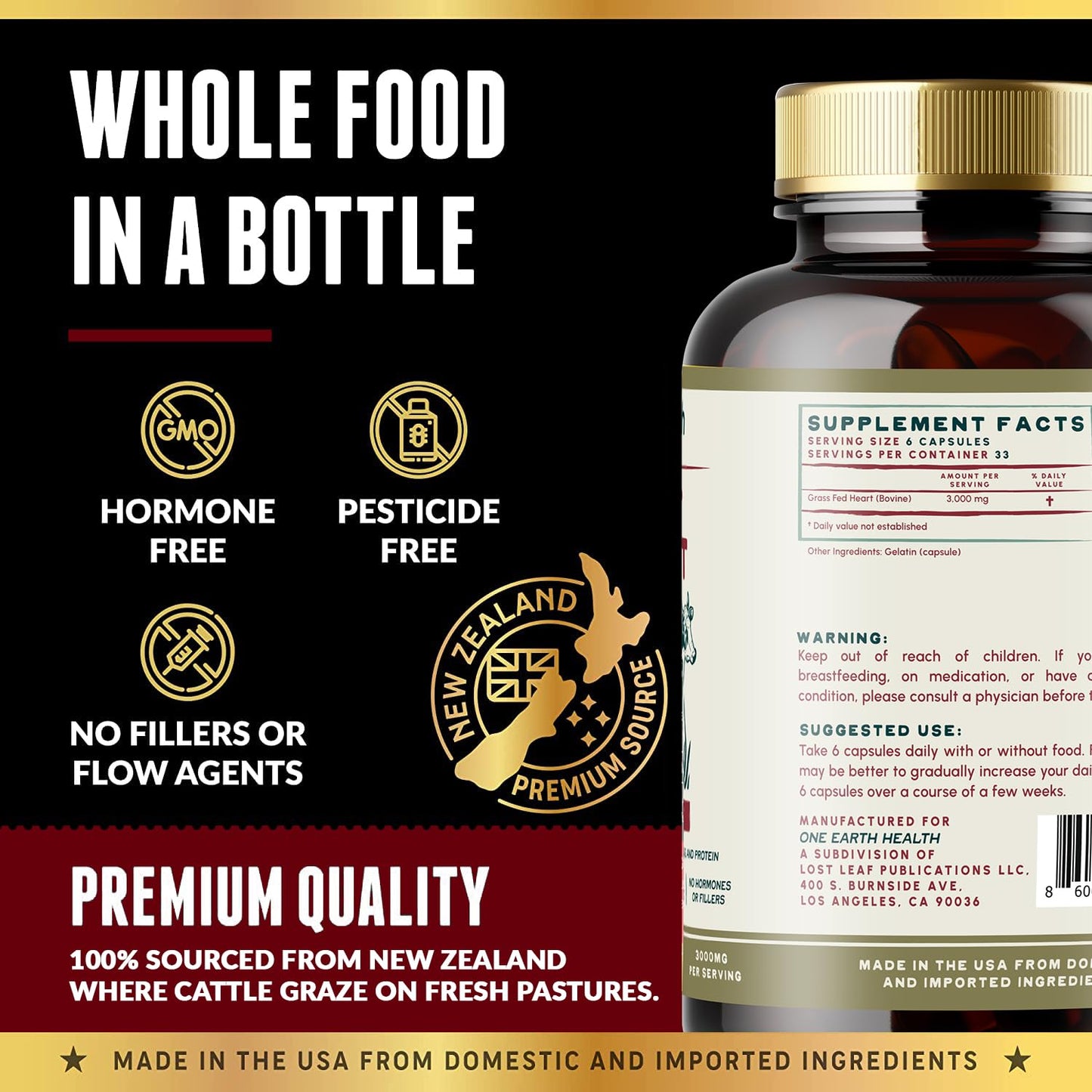 One Earth Health Grass Fed Beef Heart - New Zealand Sourced Heart, 200 Capsules
