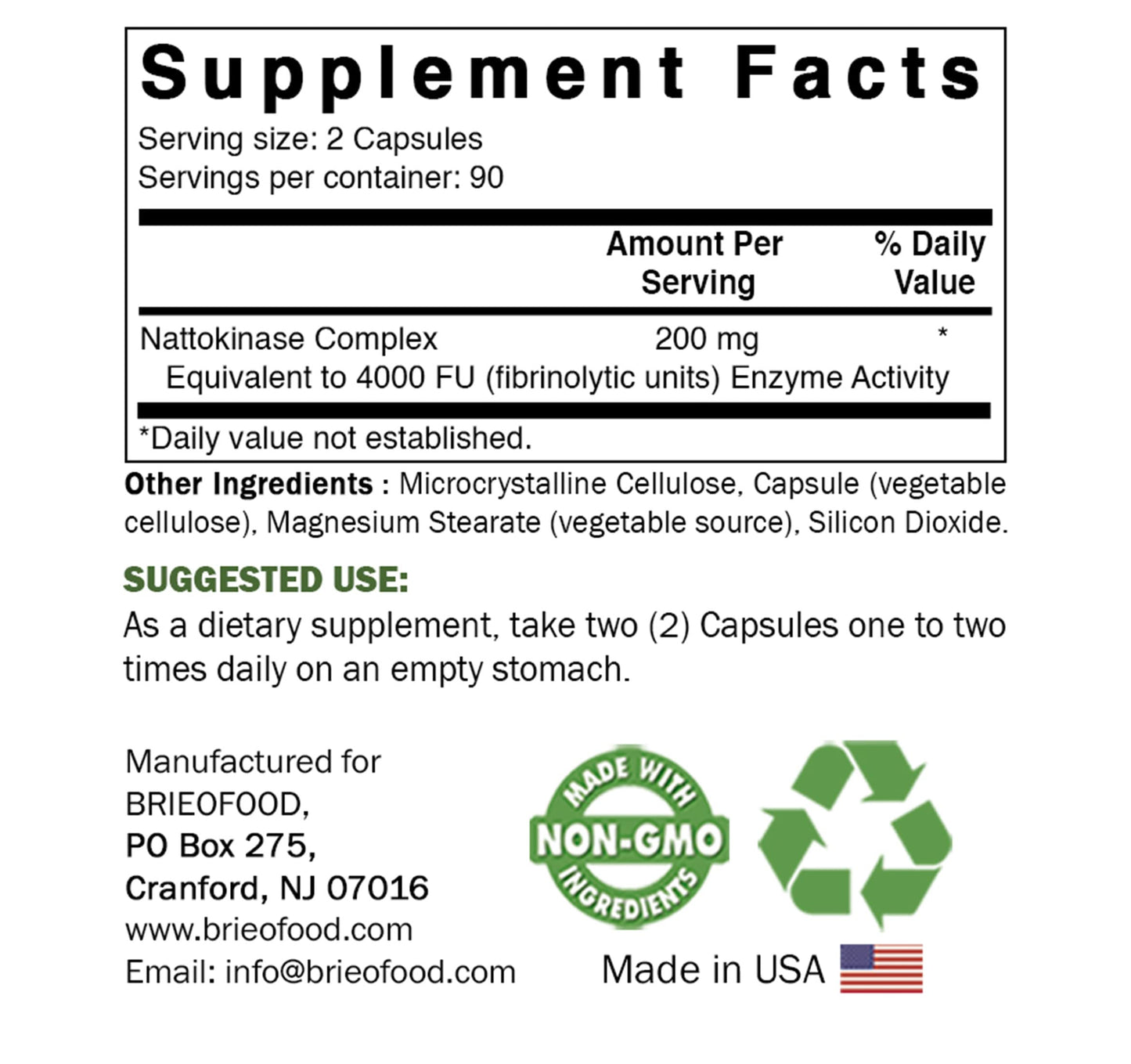 Brieofood Nattokinase 4000 FU (Fibrinolytic Unit) per Serving Capsules 360