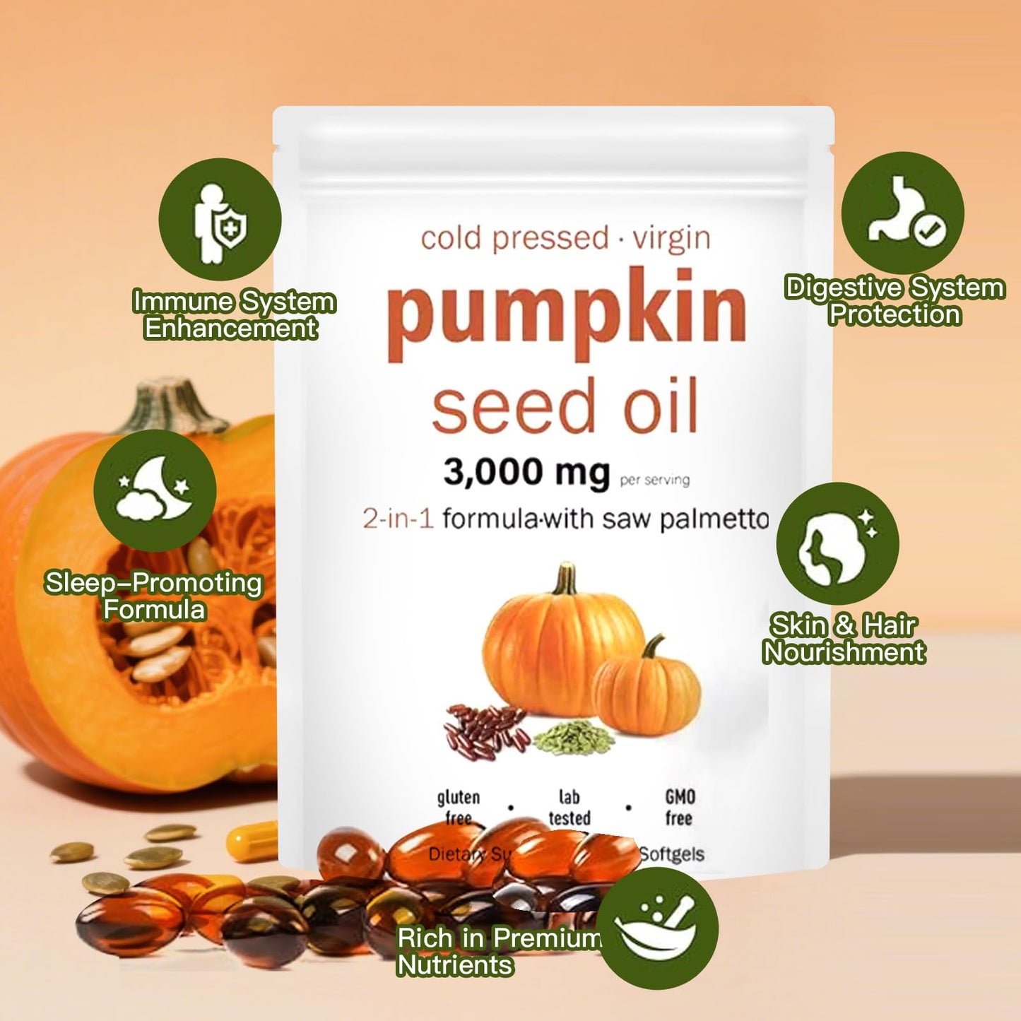 YATIME Pumpkin Seed Oil 2 in 1 with Saw Palmetto Softgels, 180 Softgels