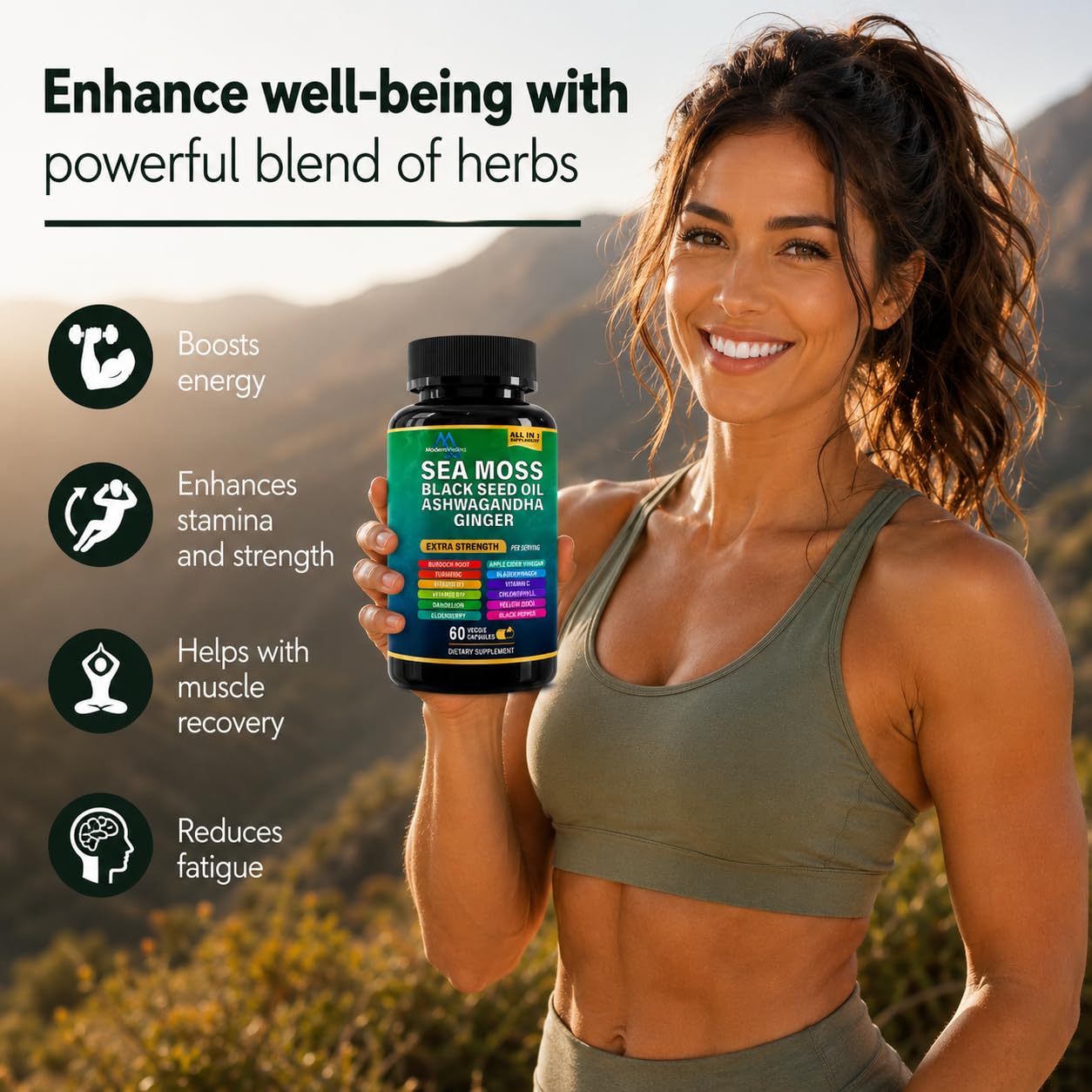 ModernMedina Sea Moss Herbal Supplement with Black Seed Oil, Ashwagandha & Ginger, 60 Capsules
