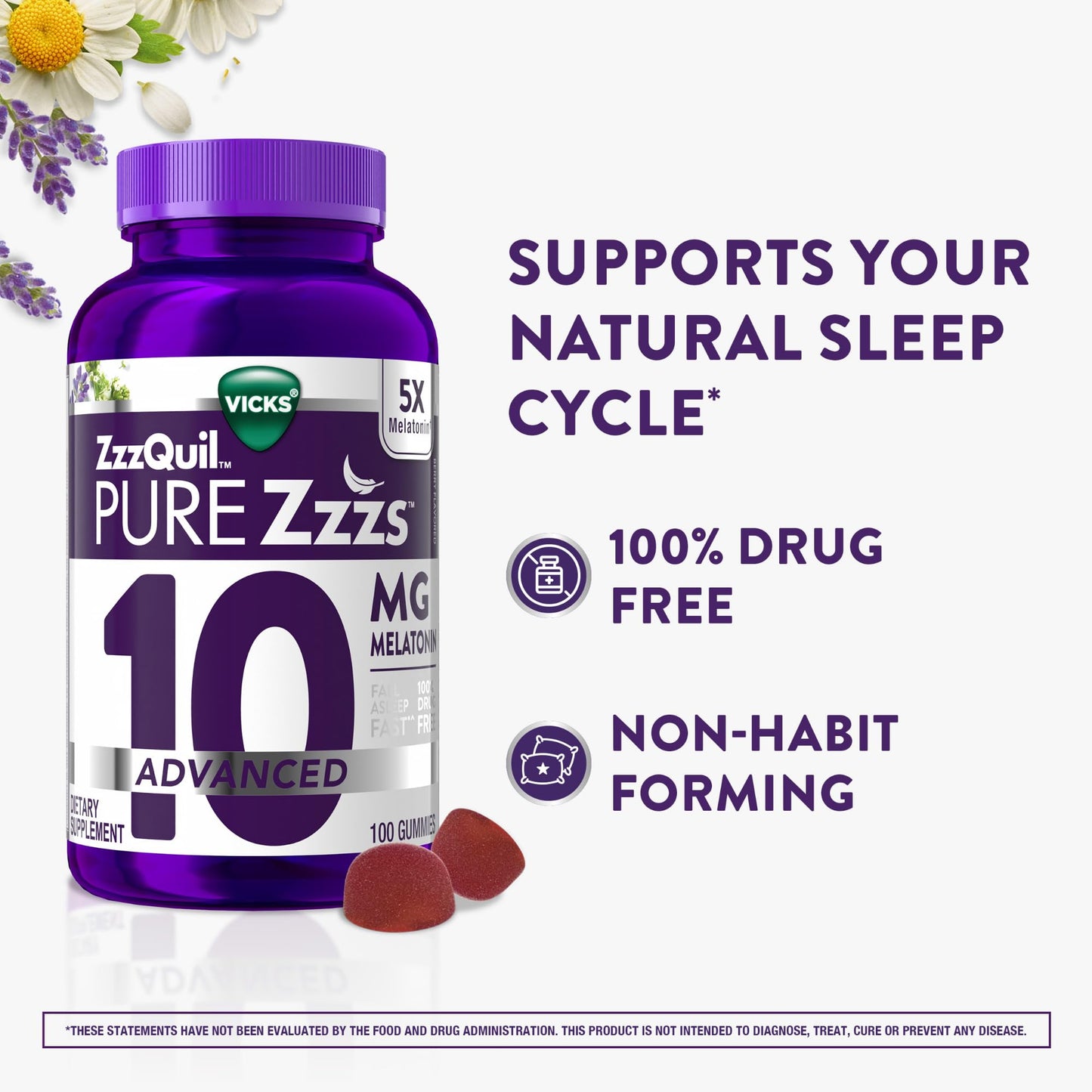 ZzzQuil Pure Zzzs Advanced Melatonin Gummies Sleep Aid with Chamomile & Lavender for Adults Berry Flavored, 200 Gummies
