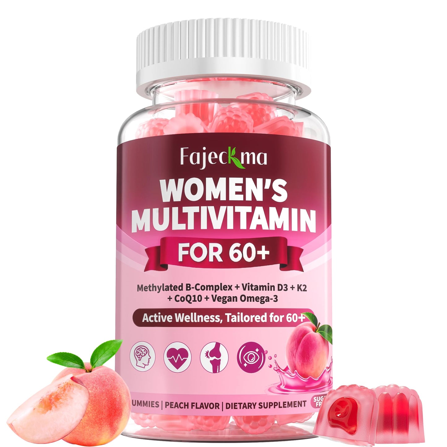 Fajeckma Multivitamin Gummies for Women Over 60 - Organic Daily Vitamins with Omega-3, D3, K2, B12, Calcium, CoQ10, Choline, Magnesium - Sugar Free, Vegan - 60 Count