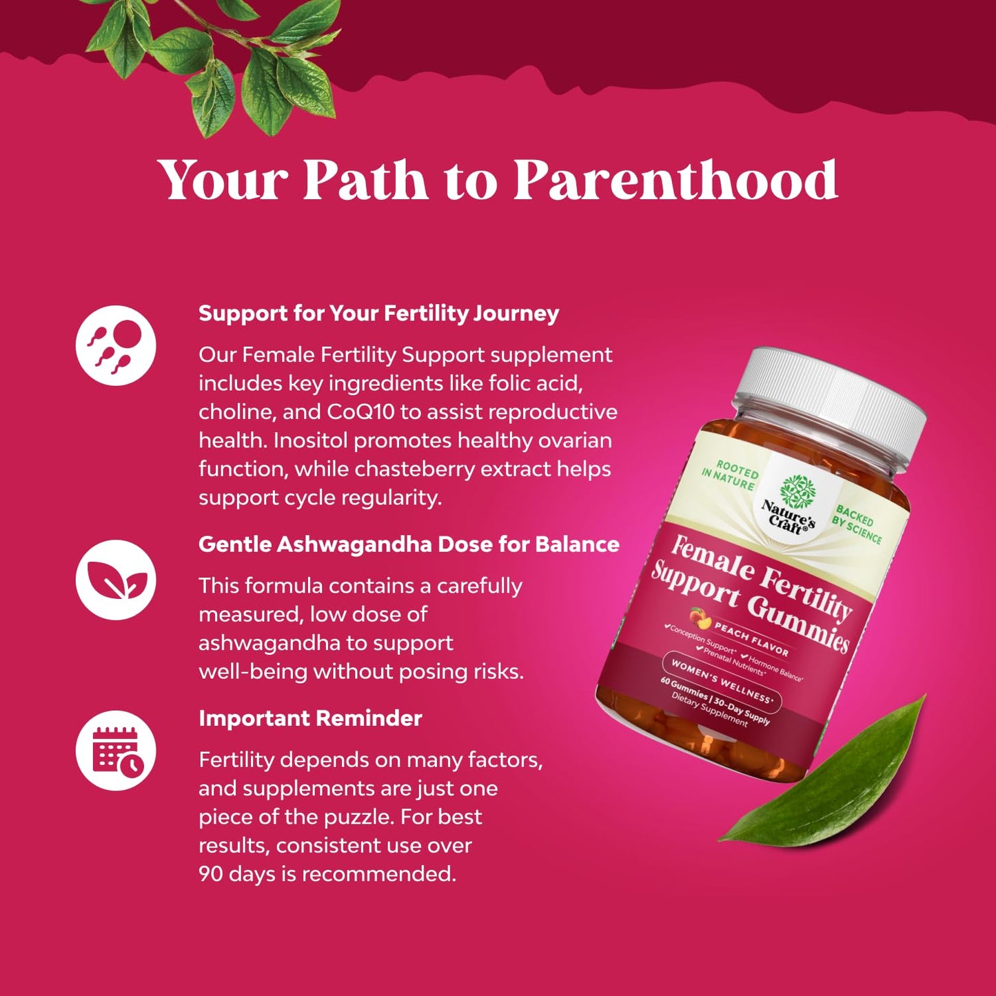 Natures Craft Fertility Gummies for Women Trying to Conceive - Yummy Gummy Fertility Supplement with Myo-Inositol Folic Acid & Vitex Chasteberry - Vegan Non-GMO Gluten Free - Juicy Peach - 60 Count