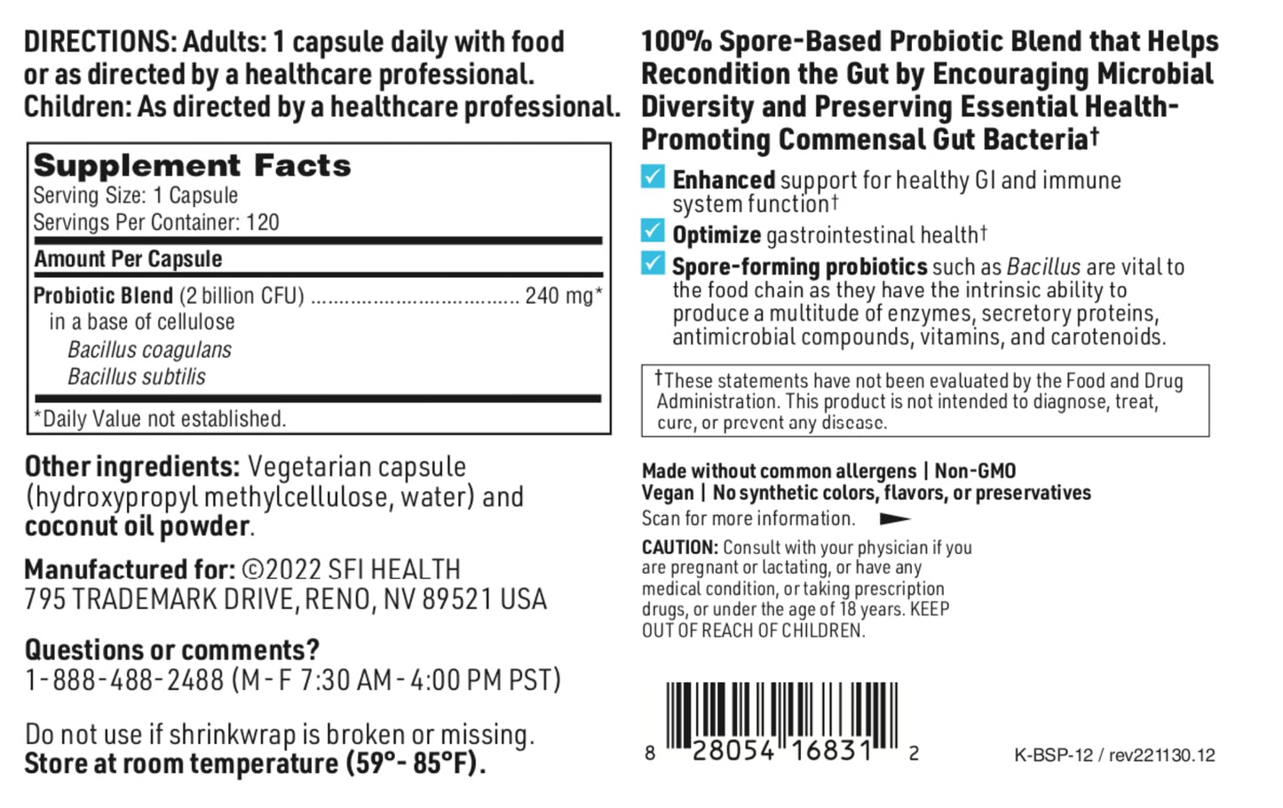 SFI Health Biospora Probiotic - Bacillus Coagulans & Subtilis, 2 Billion CFU for Digestive & Immune Support, Capsules, 120 Count