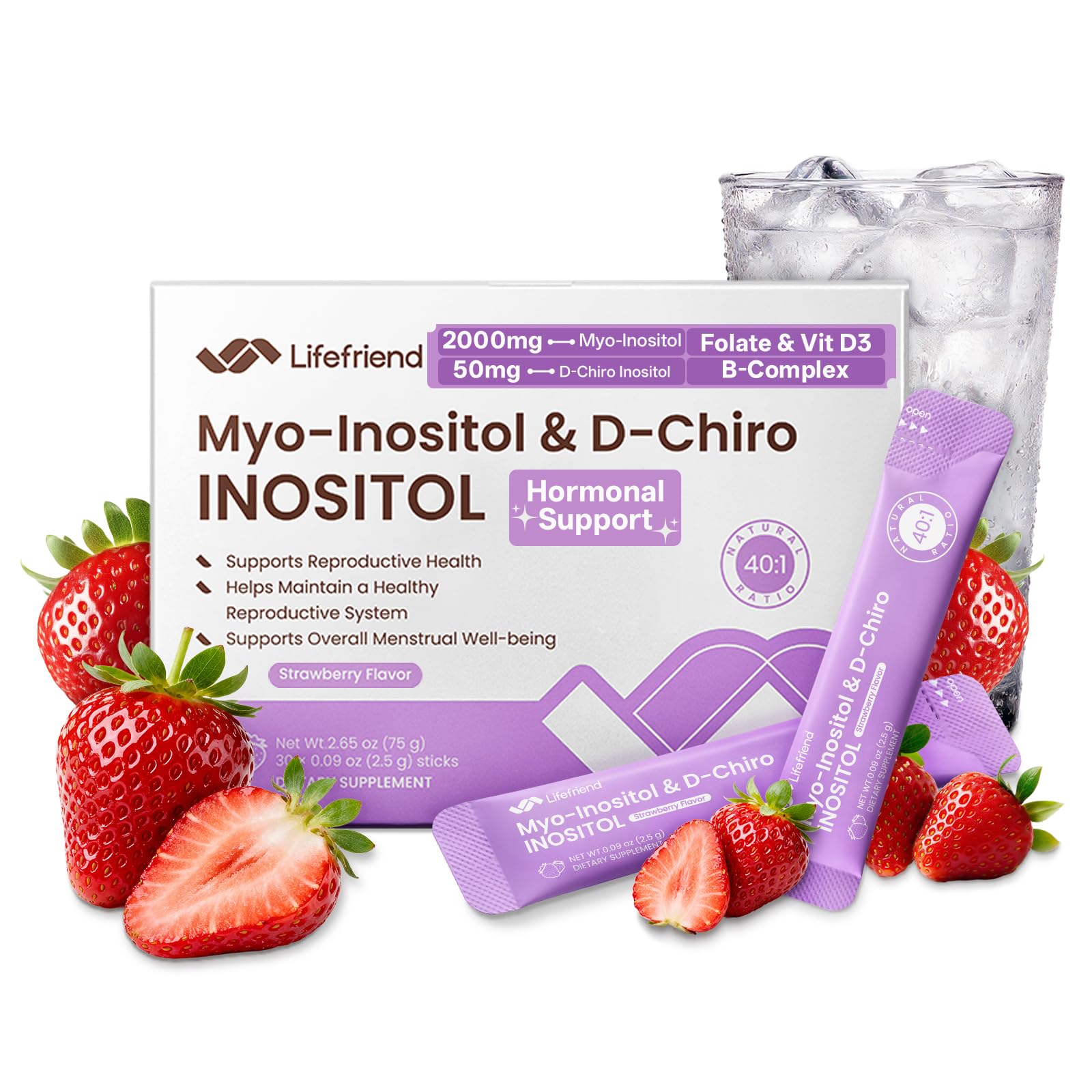 LIFEFRIEND Myo-Inositol & D-Chiro Inositol Powder 40:1 Strawberry, 2.7