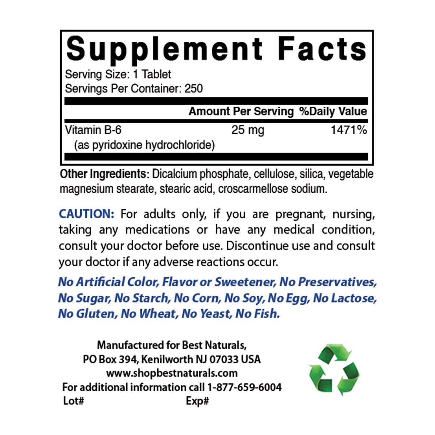 Best Naturals Vitamin B6 25mg, 500 Tablets