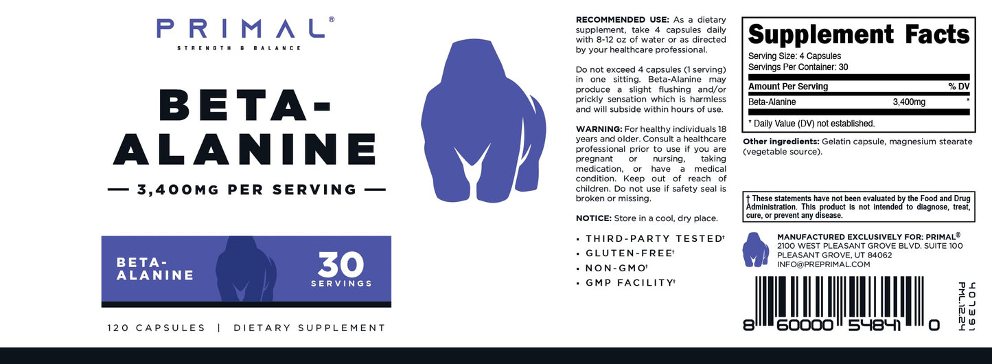 Primal Beta-Alanine Capsules 3,400mg, 120 Capsules