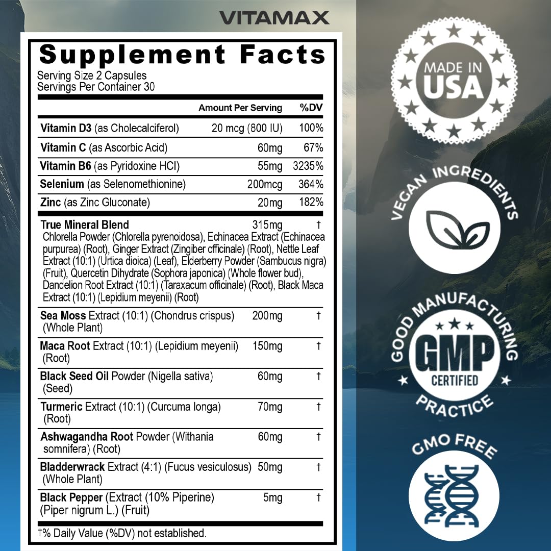 Vitamax Sea Moss Maca Black Seed Oil Ashwagandha Bladderwrack Turmeric Elderberry Vitamins C & D3 Dandelion & Black Pepper, 60 Capsules