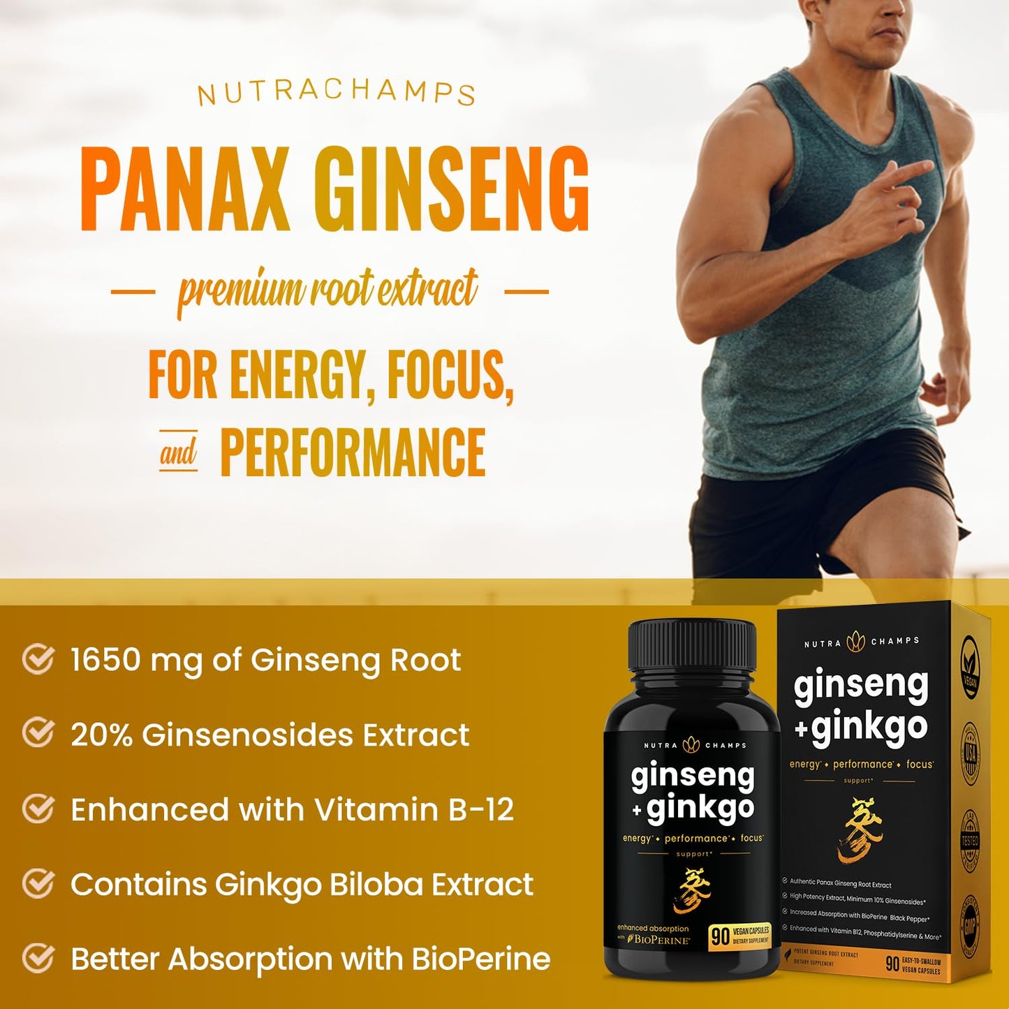 NutraChamps Korean Red Panax Ginseng Capsules with Ginkgo Biloba Extra Strength 20% Ginsenosides for Energy, Focus, Vitality & Immune Support Ginseng Root Extract Supplement for Men 90 Capsules