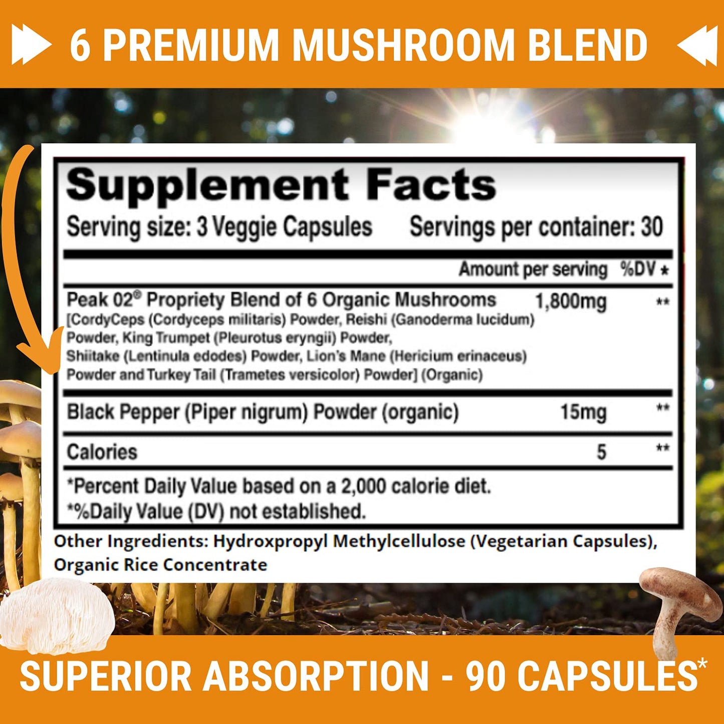 FRESH HEALTHCARE Mushroom Supplement with Lion's Mane, Cordyceps, Reishi, Turkey Tail, Shiitake - 90 Capsules