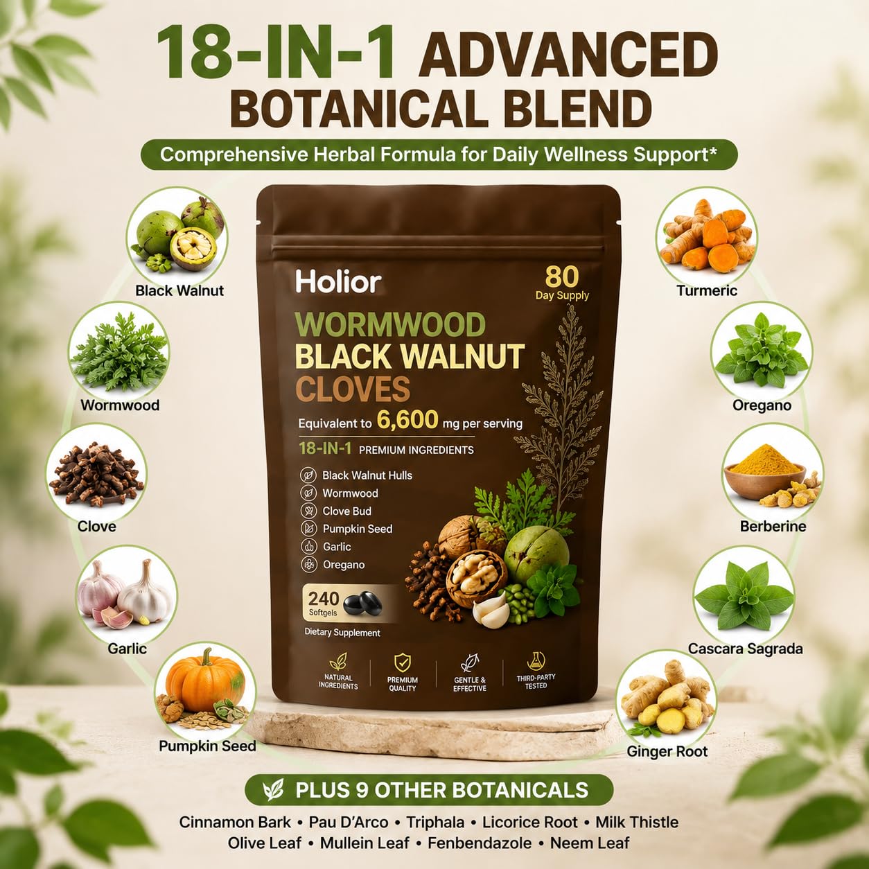 Luxero Holior Wormwood Black Walnut Cloves, 18-in-1 Herbal Blend Formula with Clove, Garlic, Turmeric, Pumpkin Seed & Oregano – Daily Digestive & Gut Balance Support Supplement, 240 Capsules