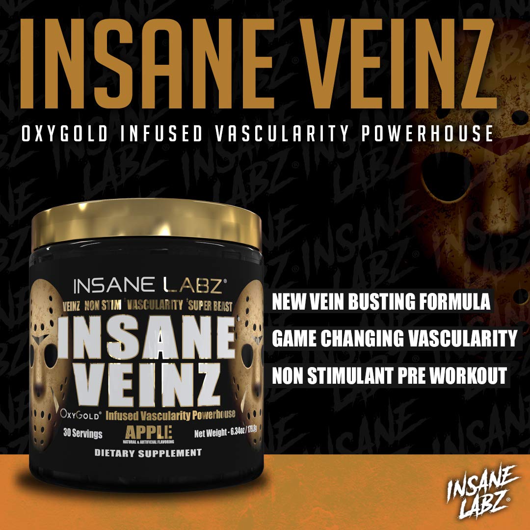 Insane Labz Insane Veinz Gold Nitric Oxide Non Stimulant Pre-Workout Powder 6.5 Ounce