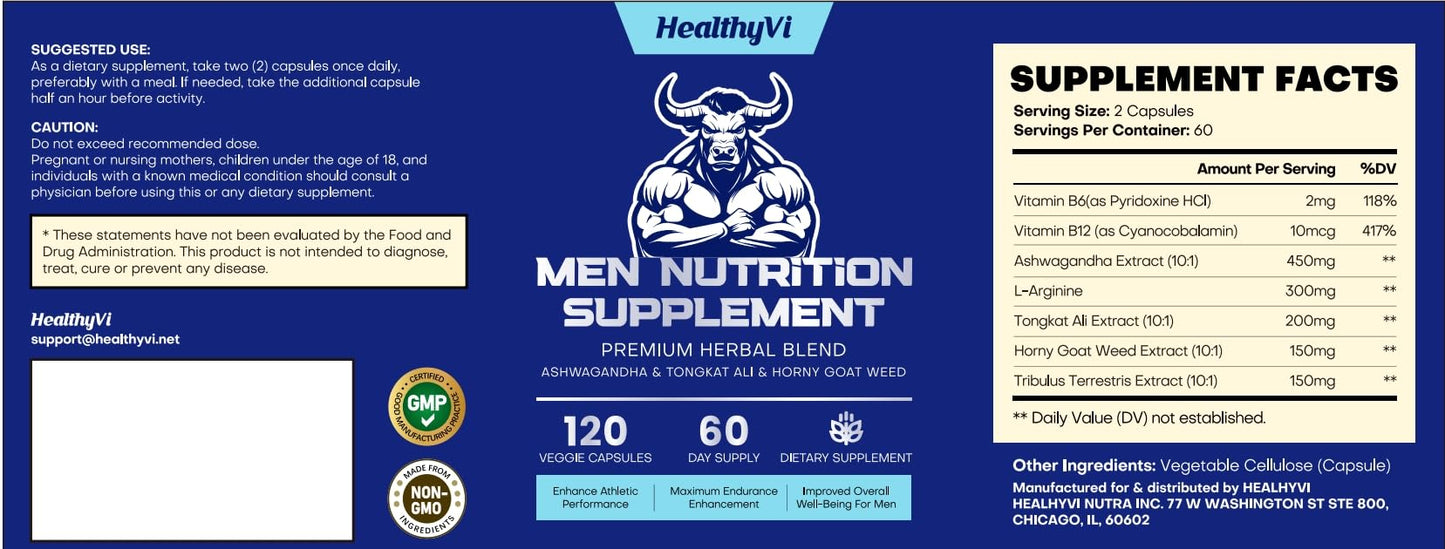 HealthyVi Testosterone Booster for Men with Tongkat Ali, Horny Goat Weed, Ashwagandha, Tribulus Terrestris, L-Arginine, B6, B12 Capsules, 108 Count