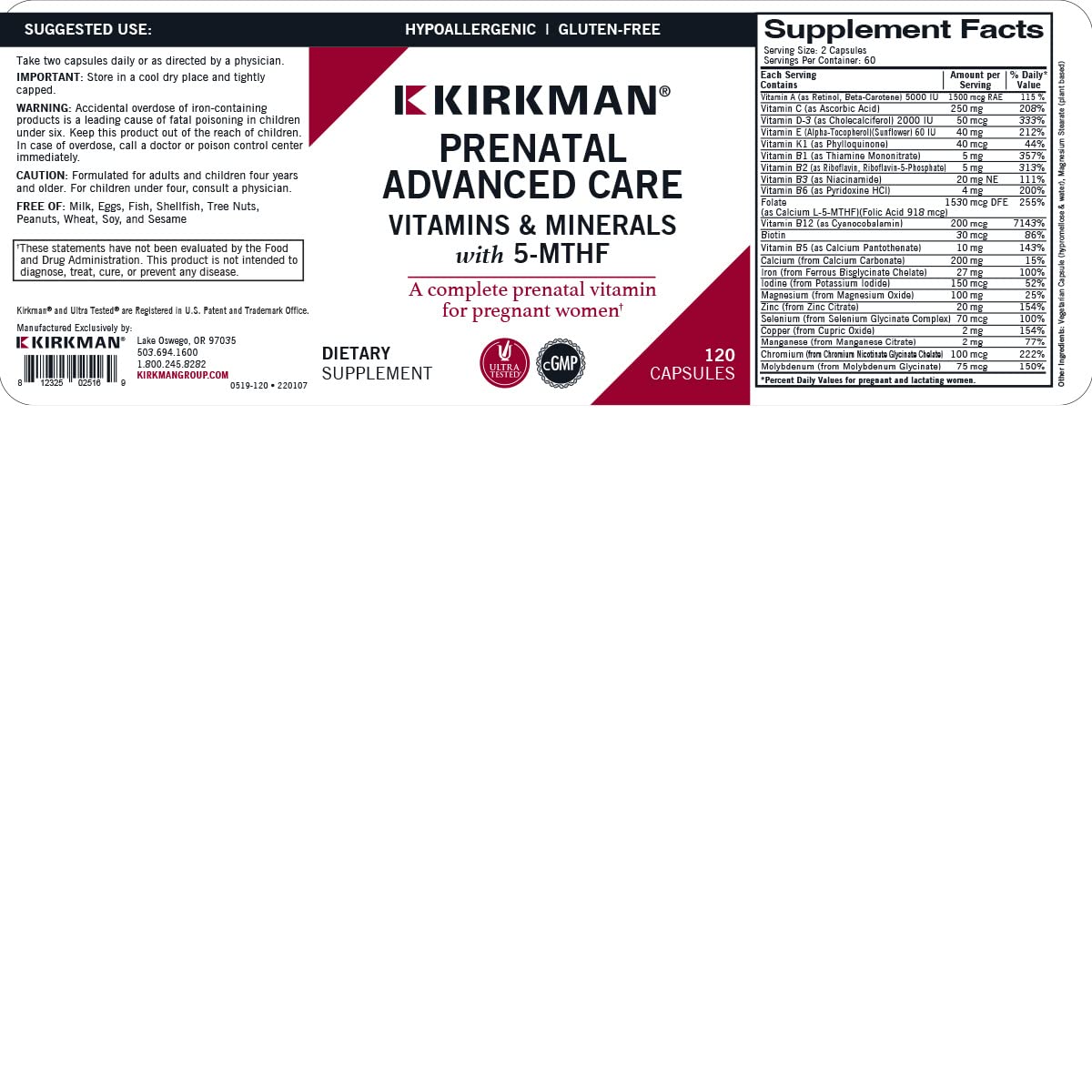Kirkman Prenatal Advanced Care Tablets, 120 Tablets