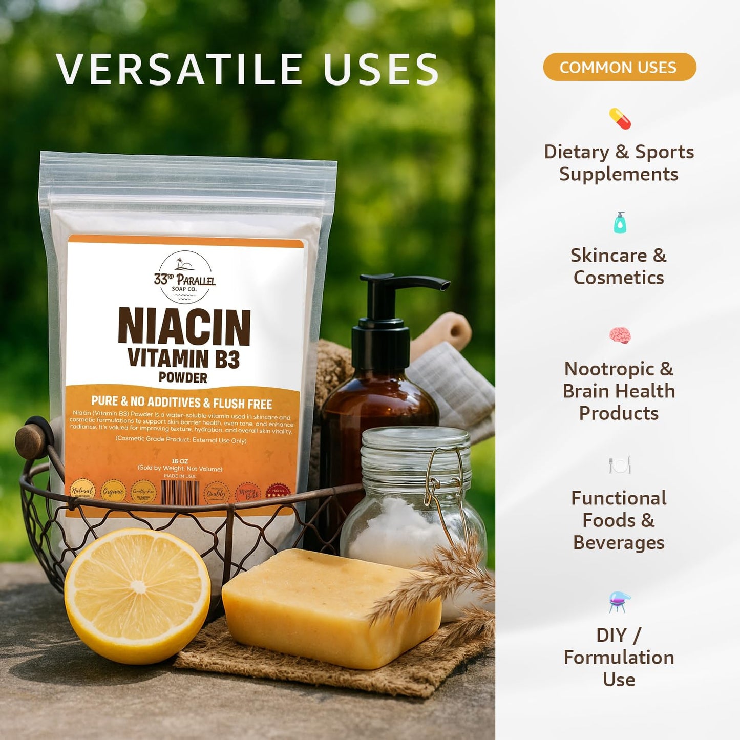 33RD PARALLEL SOAP CO. Niacin Vitamin B3 Powder, 16 Ounces