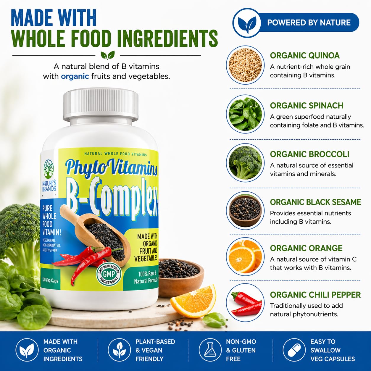 Nature's Brands Organic Whole Food Vitamin B-Complex Capsules 120 Count