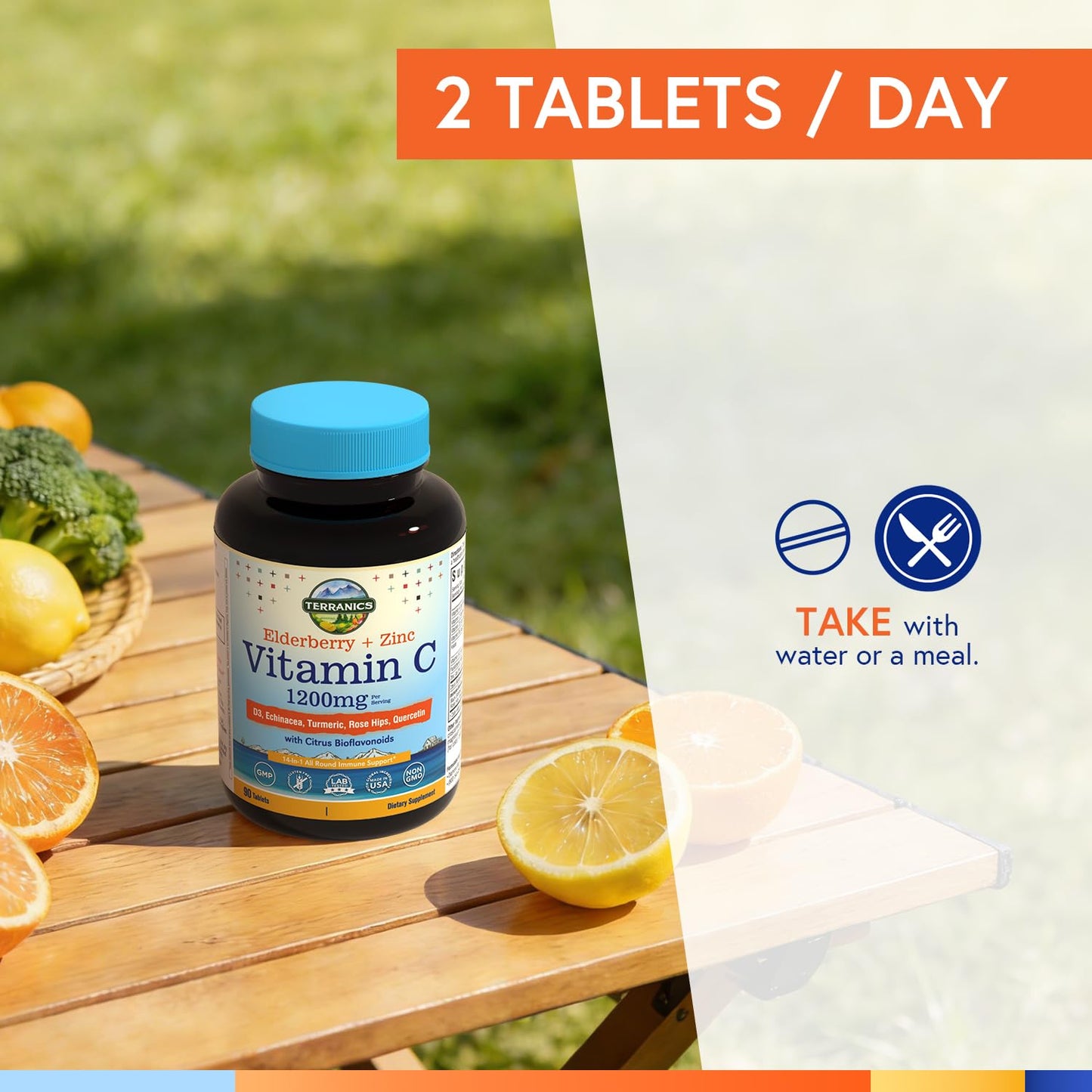 Terranics Vitamin C Elderberry Zinc with Vitamin D3 A B6 B12 Folate Rose Hips Citrus Bioflavonoids Turmeric Echinacea 14-in-1 Daily Immune Support, 90 Tablets