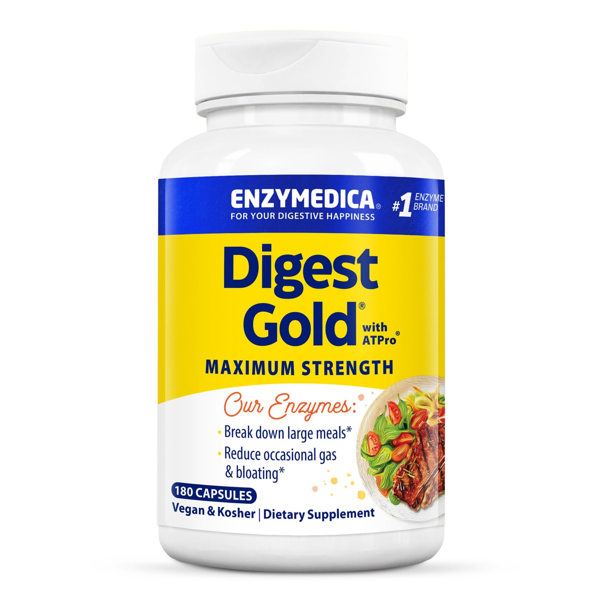 Enzymedica Digest Gold with ATPro Daily Digestive Support Supplement with Enzymes and ATP, 180 Capsules