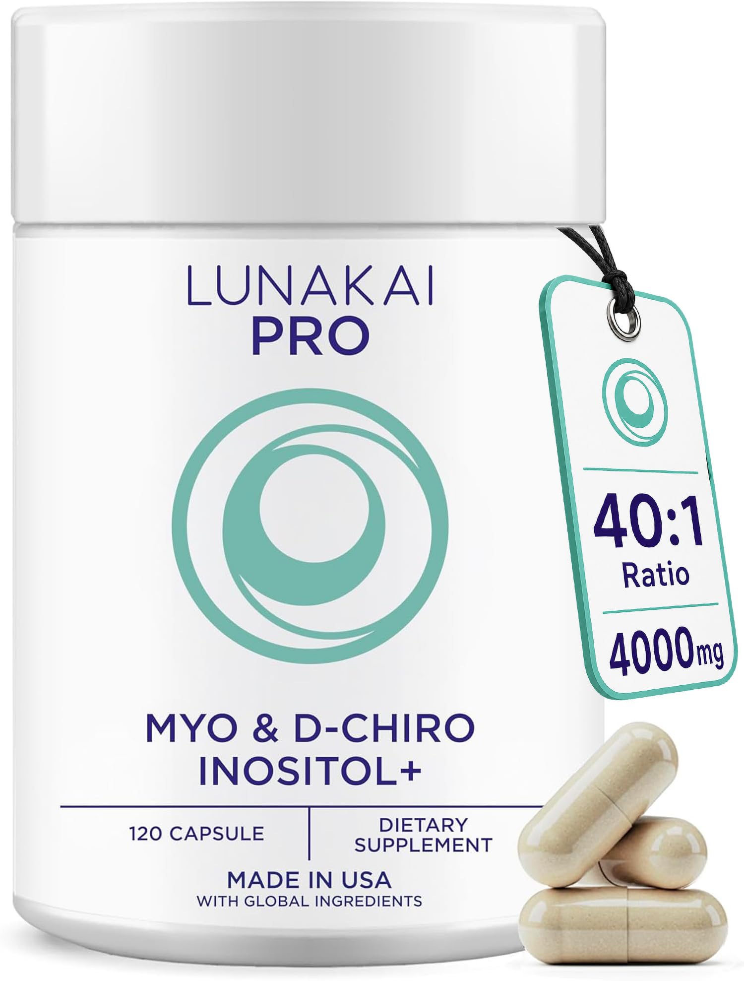 Lunakai PRO Clinically Studied USA Made Myo-Inositol & D-Chiro Inositol Supplement for Women - 40:1 Ratio 4000mg with CoQ10 Folate & Vitamin D3 - Daily Hormone Balance & Ovarian Support, 120 Capsules
