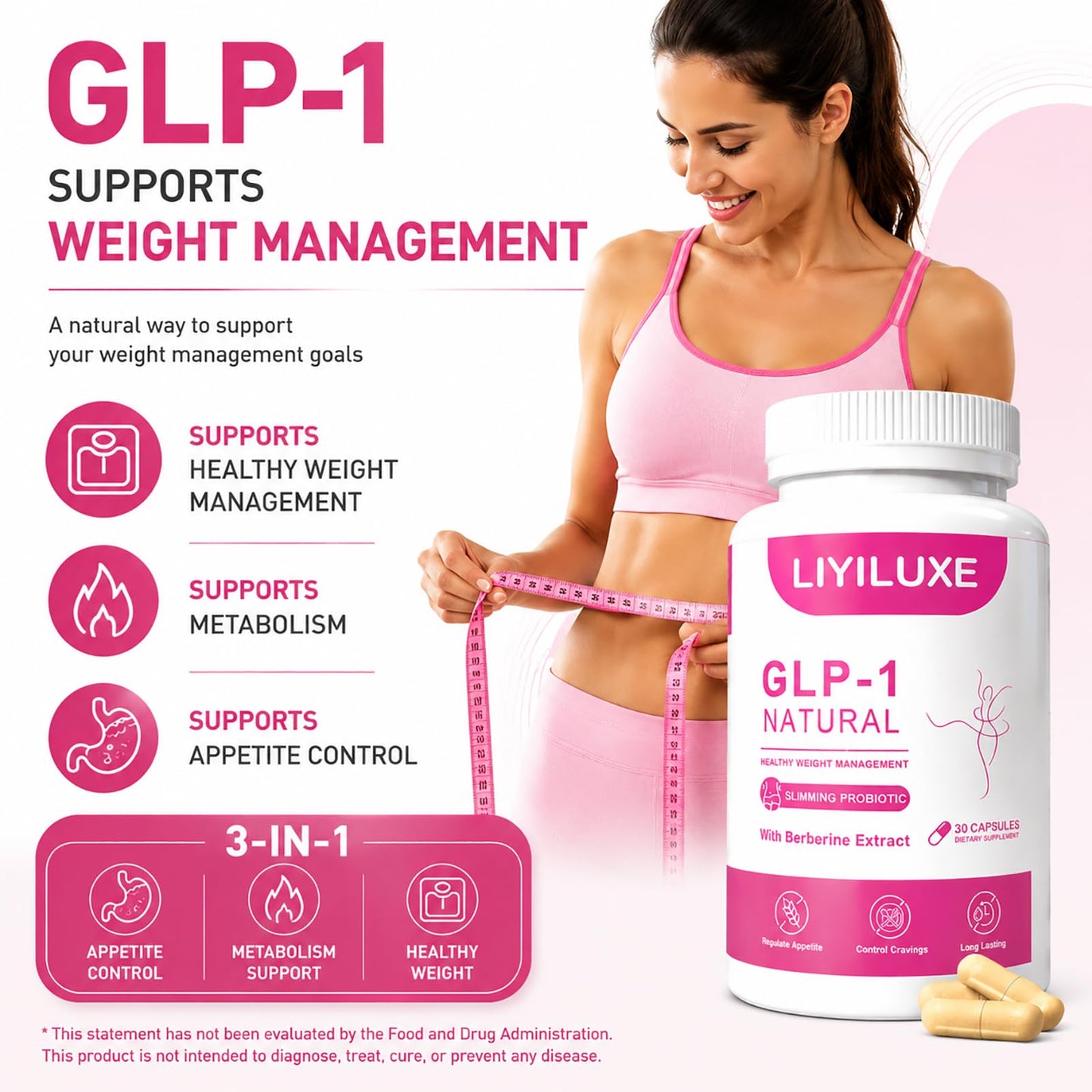 LIYILUXE GLP-1 Natural Probiotics Supplement with Akkermansia & Berberine HCI Capsule 1 Count
