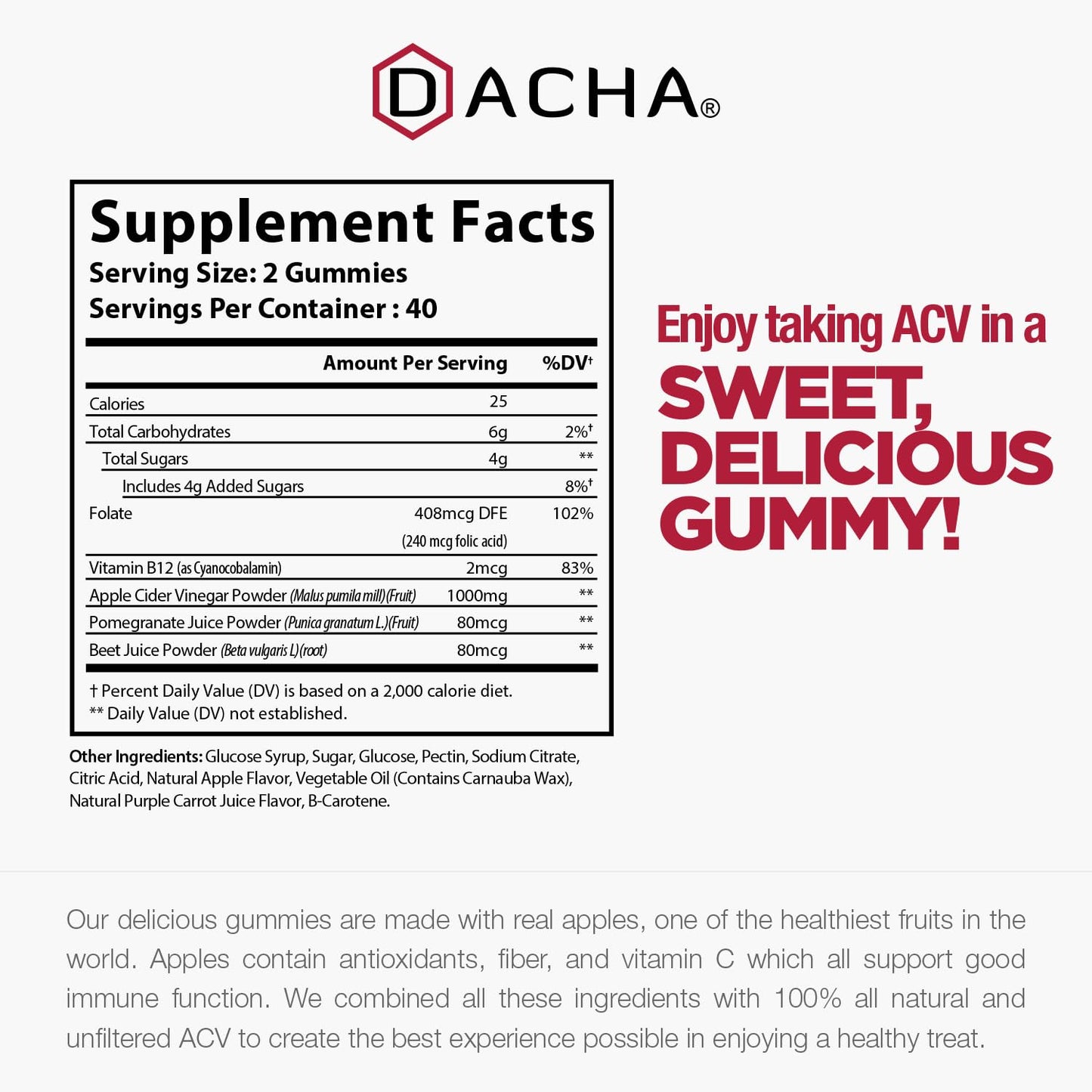 DACHA Premium Apple Cider Vinegar Gummies, 80 Count