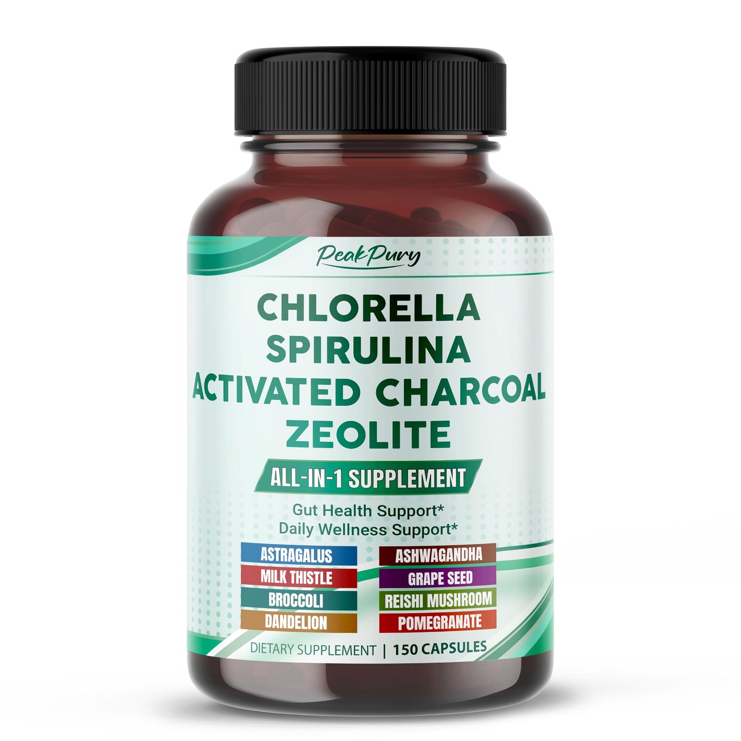 PEAKPURY Ultra All-in-1 Chlorella, Spirulina, Activated Charcoal & Zeolite – Natural Detox, Immune & Vitality Support, 150 Capsules