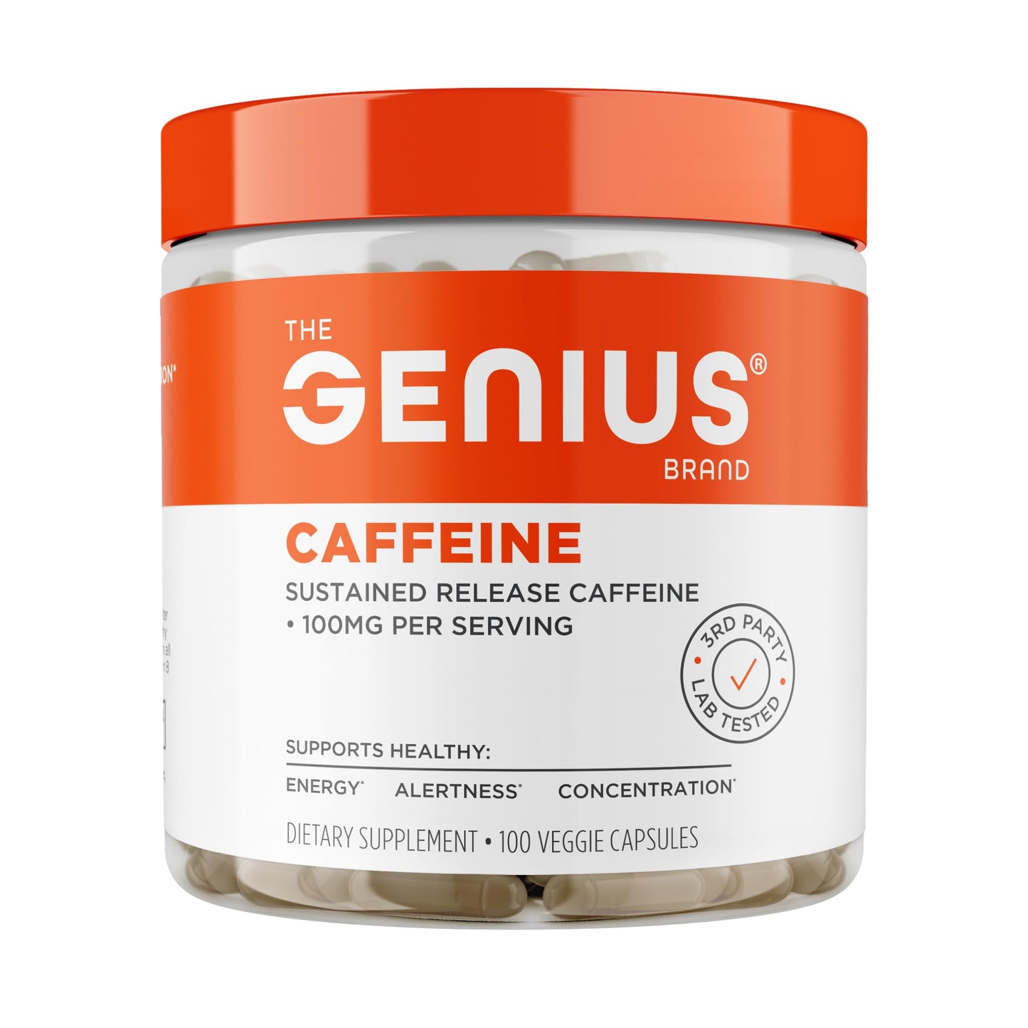The Genius Brand Genius Caffeine Capsules, Sustained-Release Microencapsulated, 100 Capsules