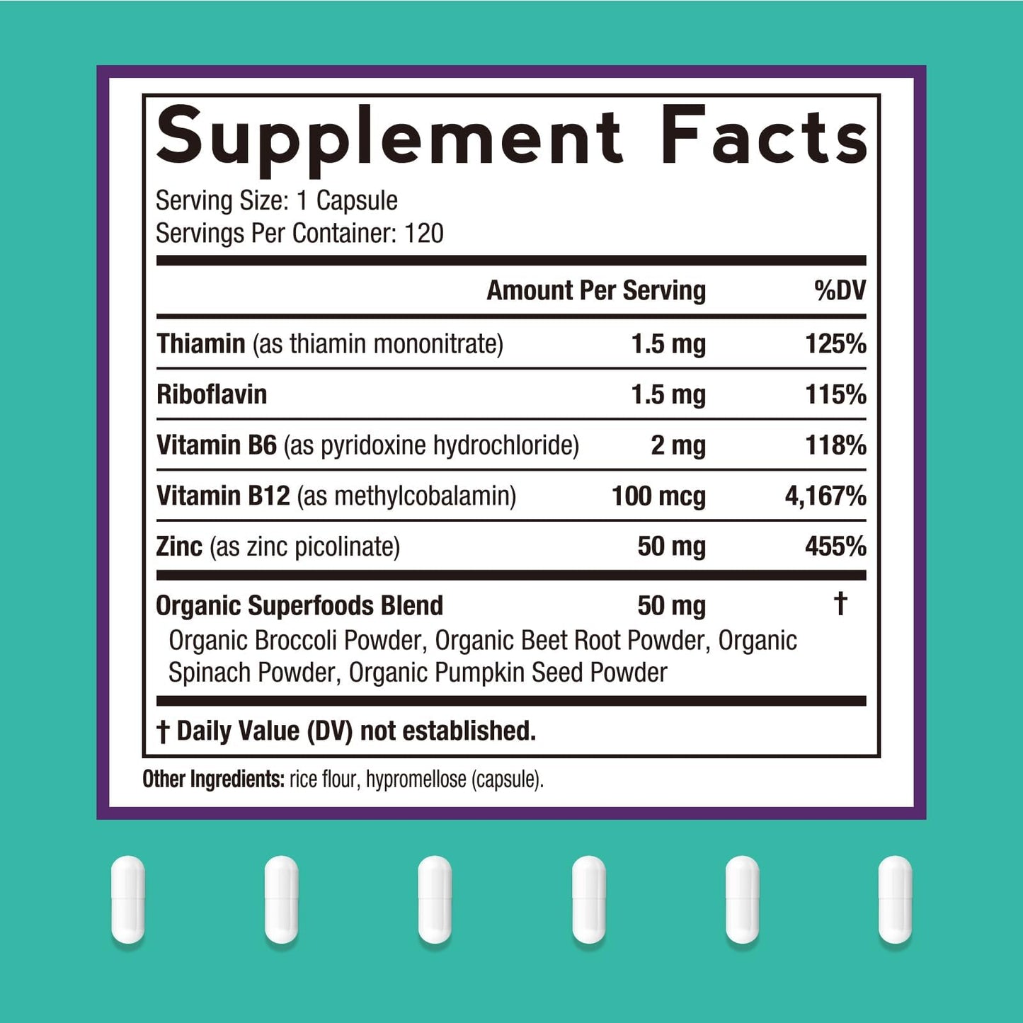 Doctor's Recipes Zinc Complex 50mg, Zinc Picolinate, Vitamin B Complex, Organic Spinach, Broccoli, Pumpkin Seed, Beet Root Powder, for Women & Men, Immunity, Vegan, 120 Capsules