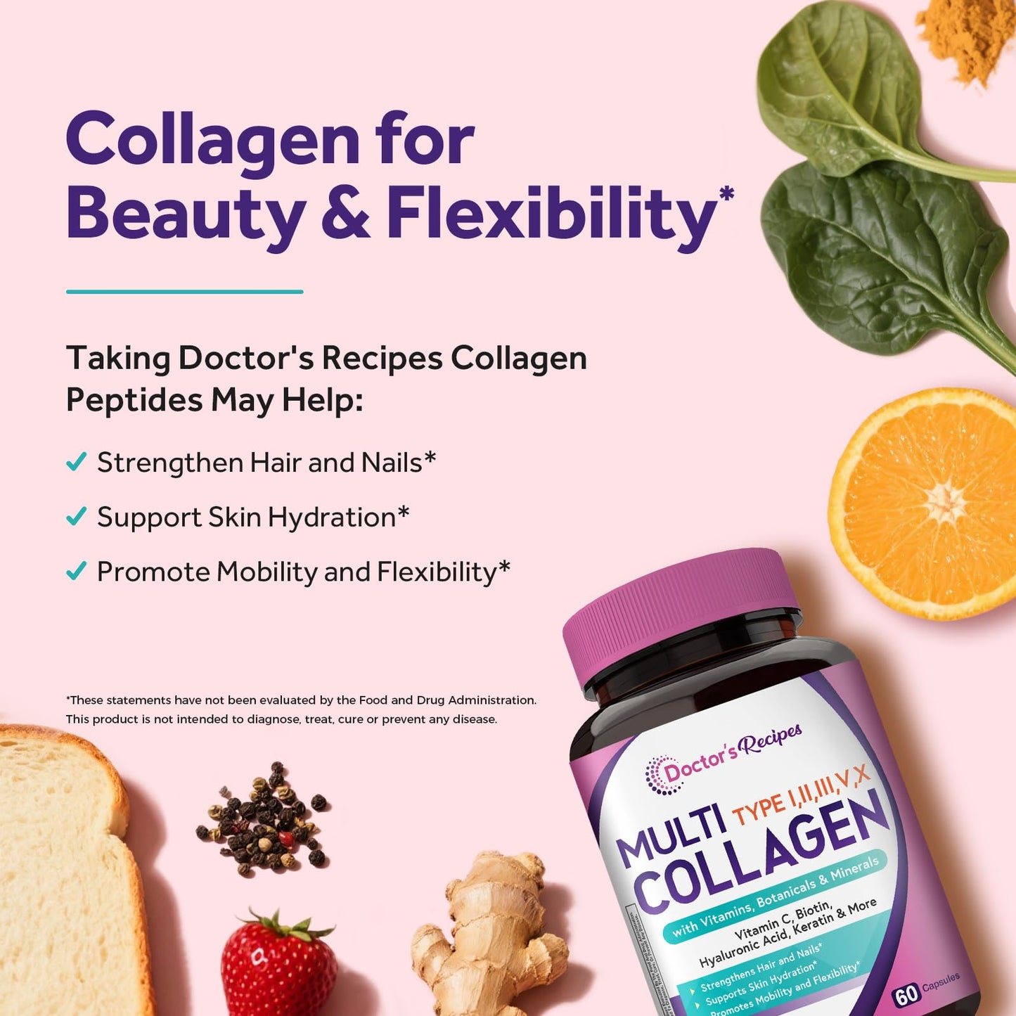 Doctor's Recipes Multi Collagen Peptides, Type I, II, III, V, X, 1000 mg Per Serving, Vitamin C, Biotin, Hyaluronic Acid, Keratin, Turmeric, for Hair, Nails, Skin, Stay Active, Antioxidant Capsule, 60 Count