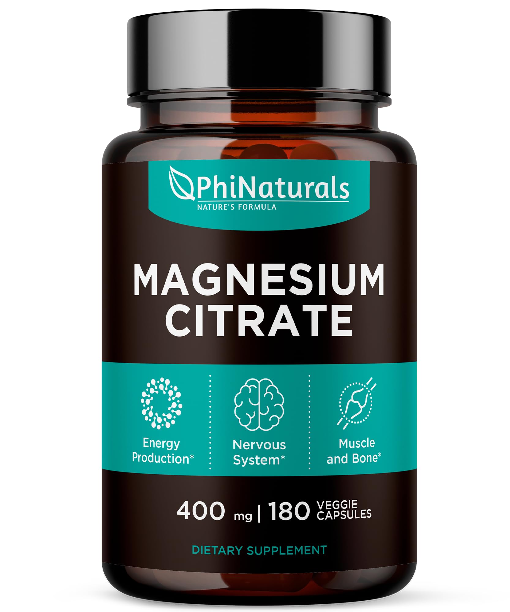 PhiNaturals Magnesium Citrate Powder 400mg Capsules 180 Count