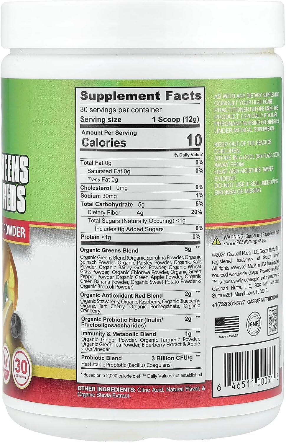 Gaspari Nutrition Greens and Reds Organic Superfood Powder, 12.69 oz