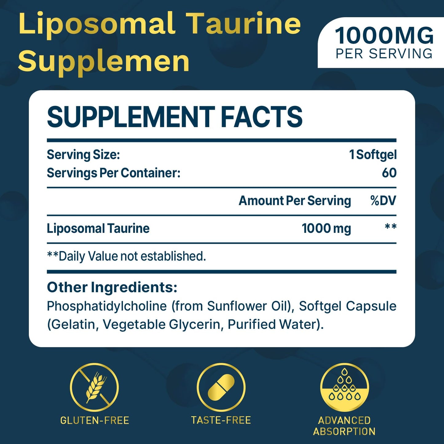 lipmaxmall Liposomal Taurine Supplement 1000mg Softgels, 60 Count