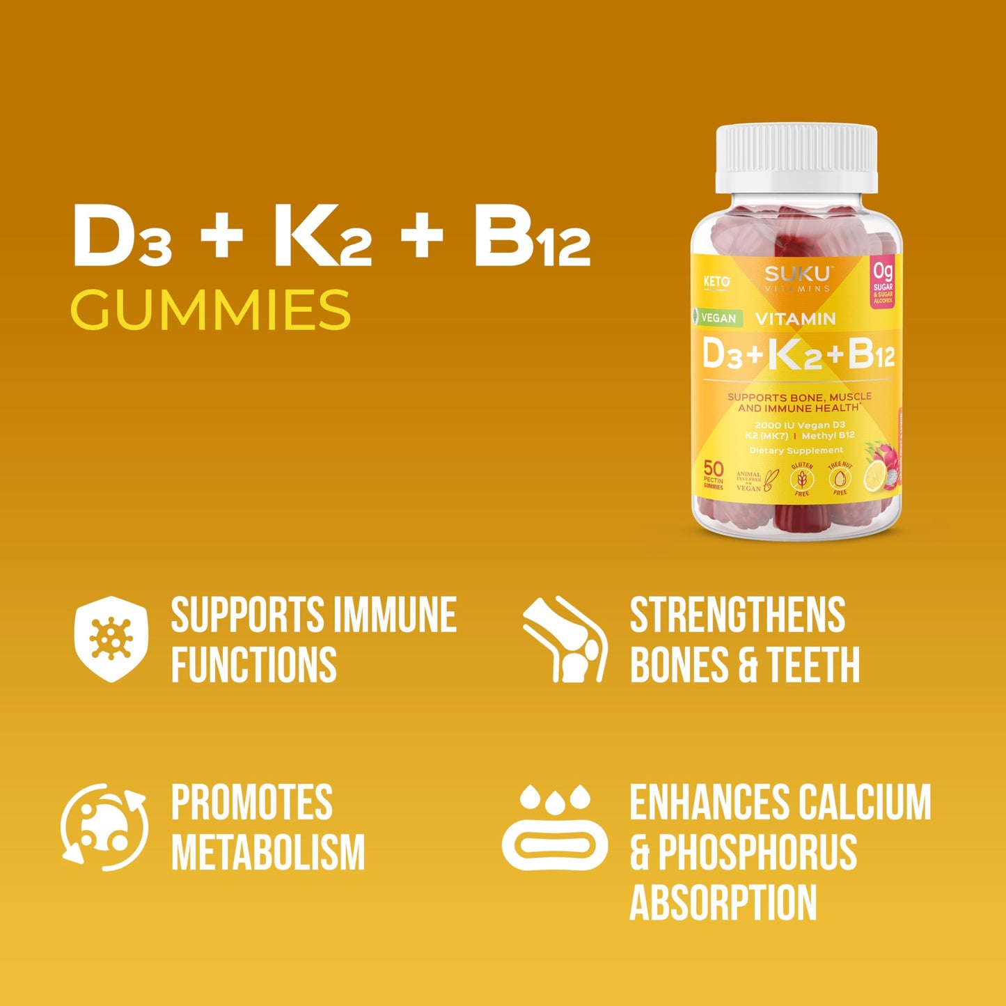 SUKU Vitamins Vegan D3 + K2 + B12 Gummy, 1 Count