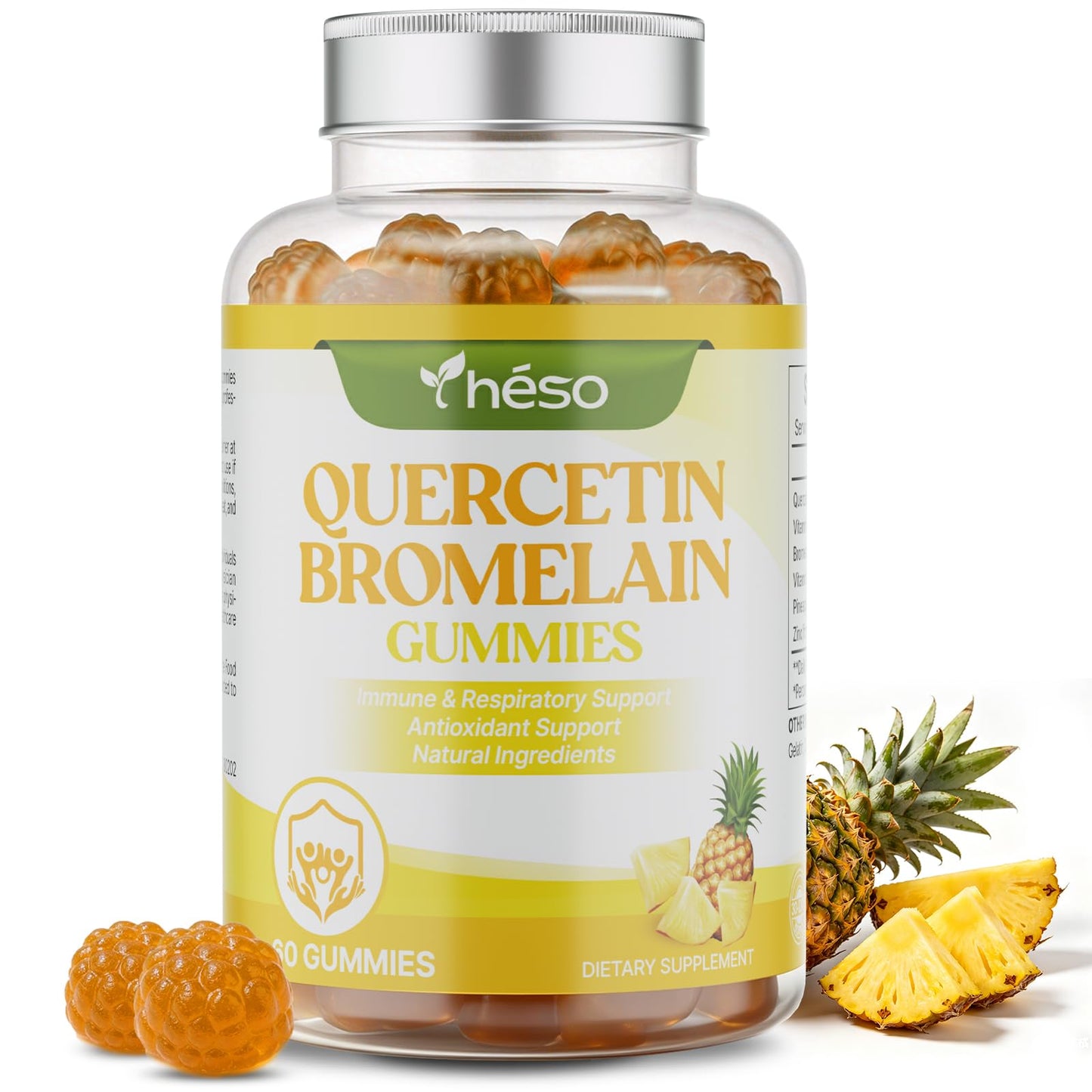 Yheso Quercetin 500mg with Bromelain, Vitamin C, D3 & Zinc – Sugar Free Immune Support – Antioxidant Complex with Pineapple Enzyme, 60 Gummies
