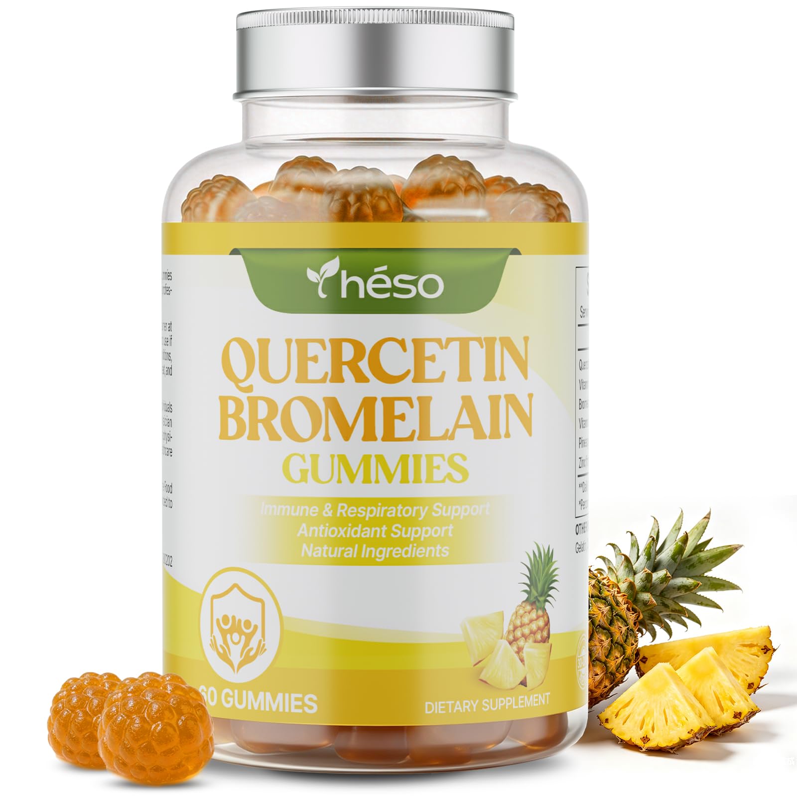 Yheso Quercetin 500mg with Bromelain, Vitamin C, D3 & Zinc – Sugar Free Immune Support – Antioxidant Complex with Pineapple Enzyme, 60 Gummies