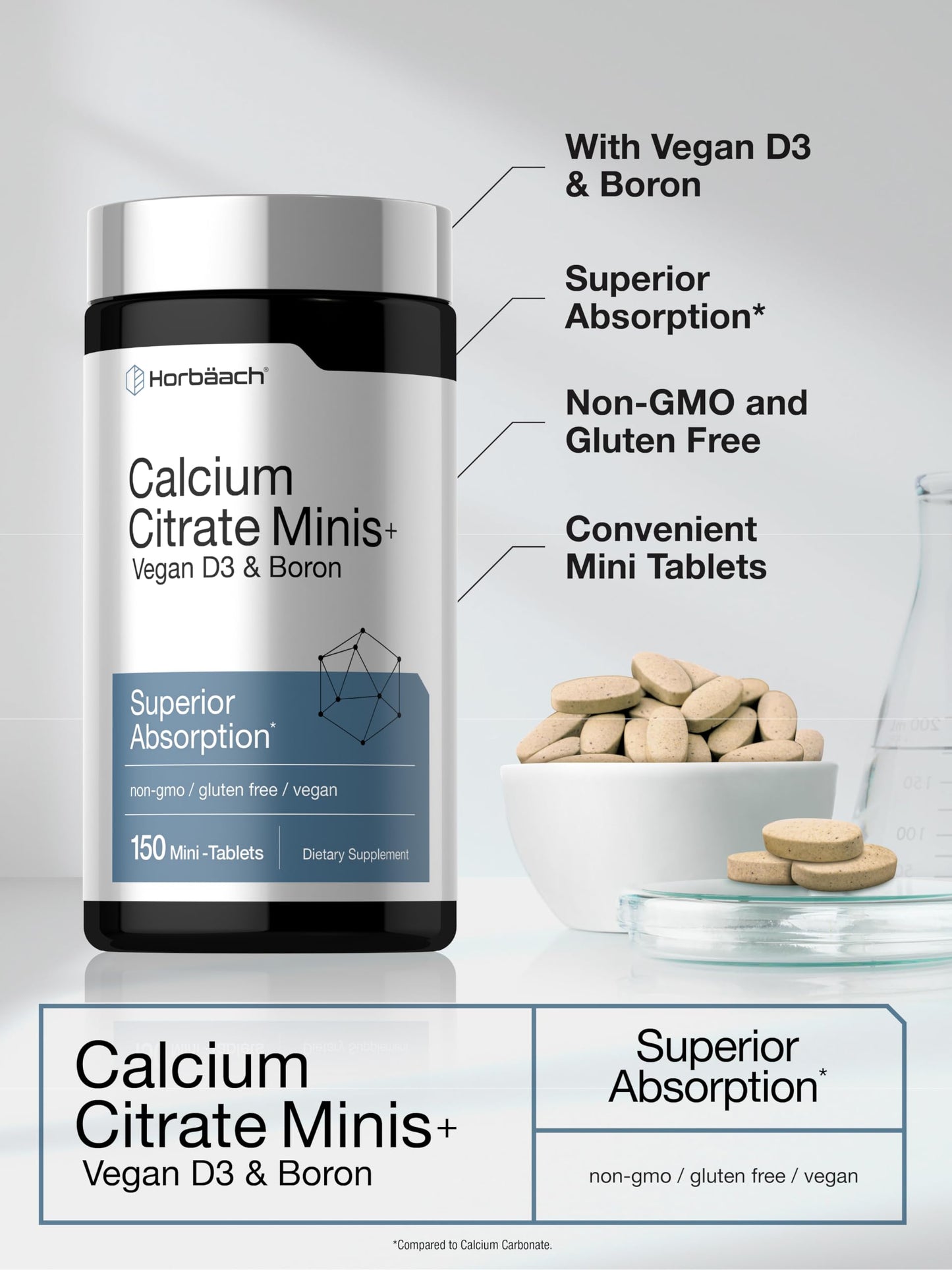 Horbäach Calcium Citrate with Vitamin D3 & Boron 150 Tablets