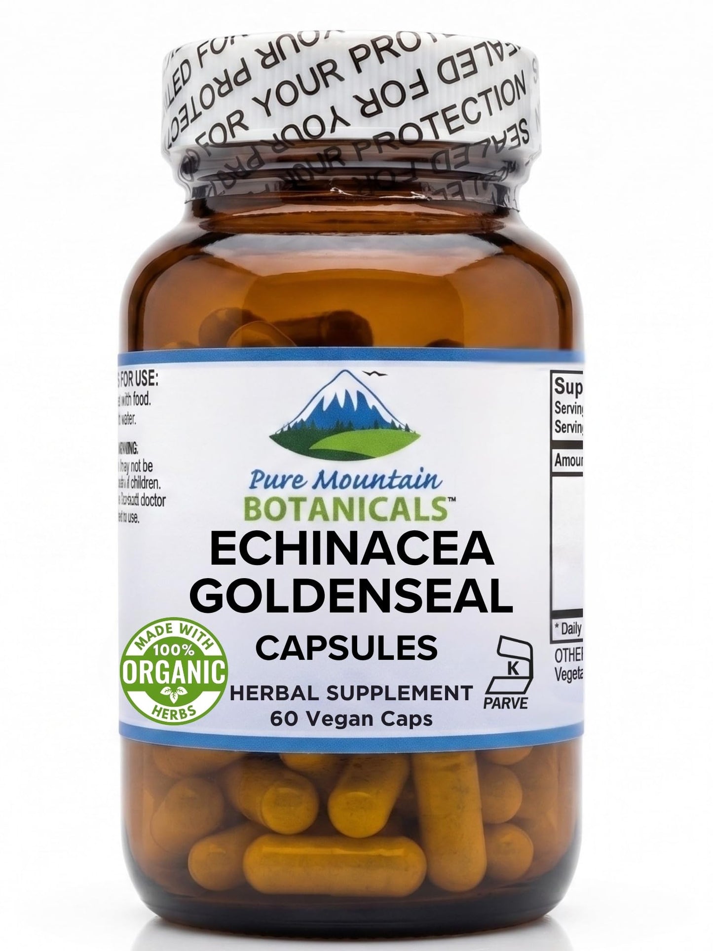 Pure Mountain Botanicals Echinacea Goldenseal Capsules 450mg Organic Echinacea and Goldenseal Root Complex, 90 Count