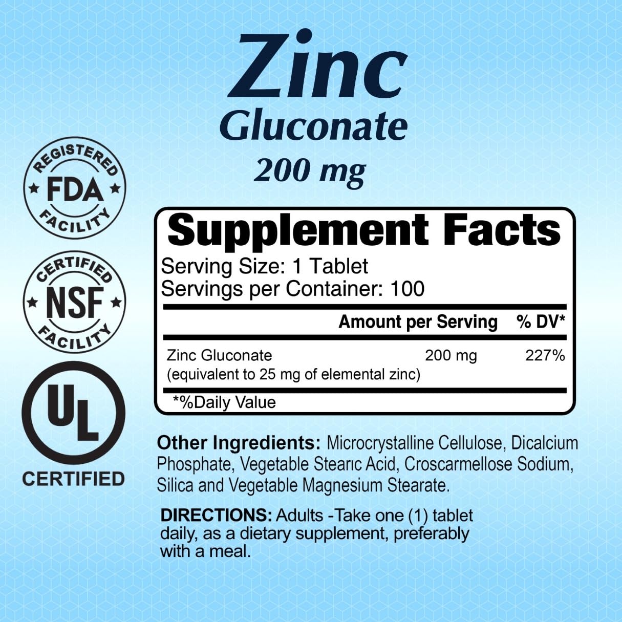 ALFA VITAMINS Zinc Gluconate 200 mg Tablet, 100 Tablets