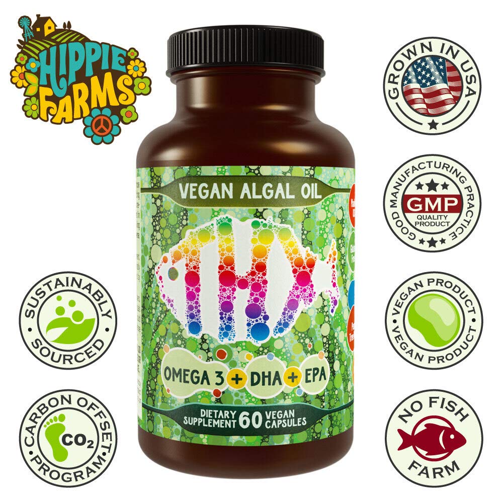 Hippie Farms Vegan Omega-3 Algae Oil with DHA EPA Capsules, 60 Count
