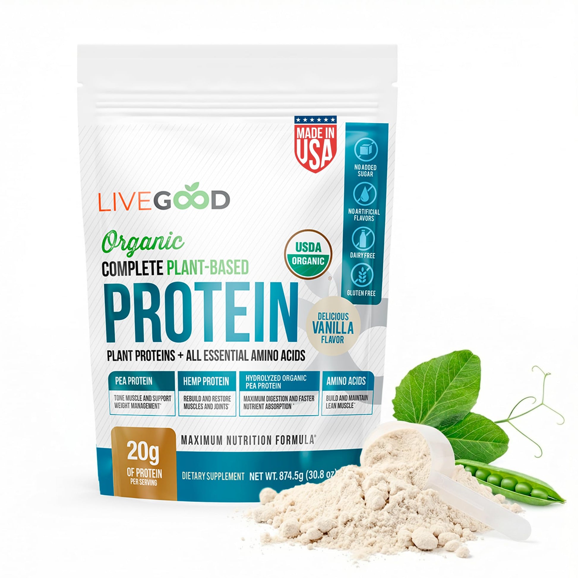 LIVEGOOD Complete Plant Based Protein Powder with Organic Pea Protein and Essential Amino Acids, Vanilla, 30 Servings
