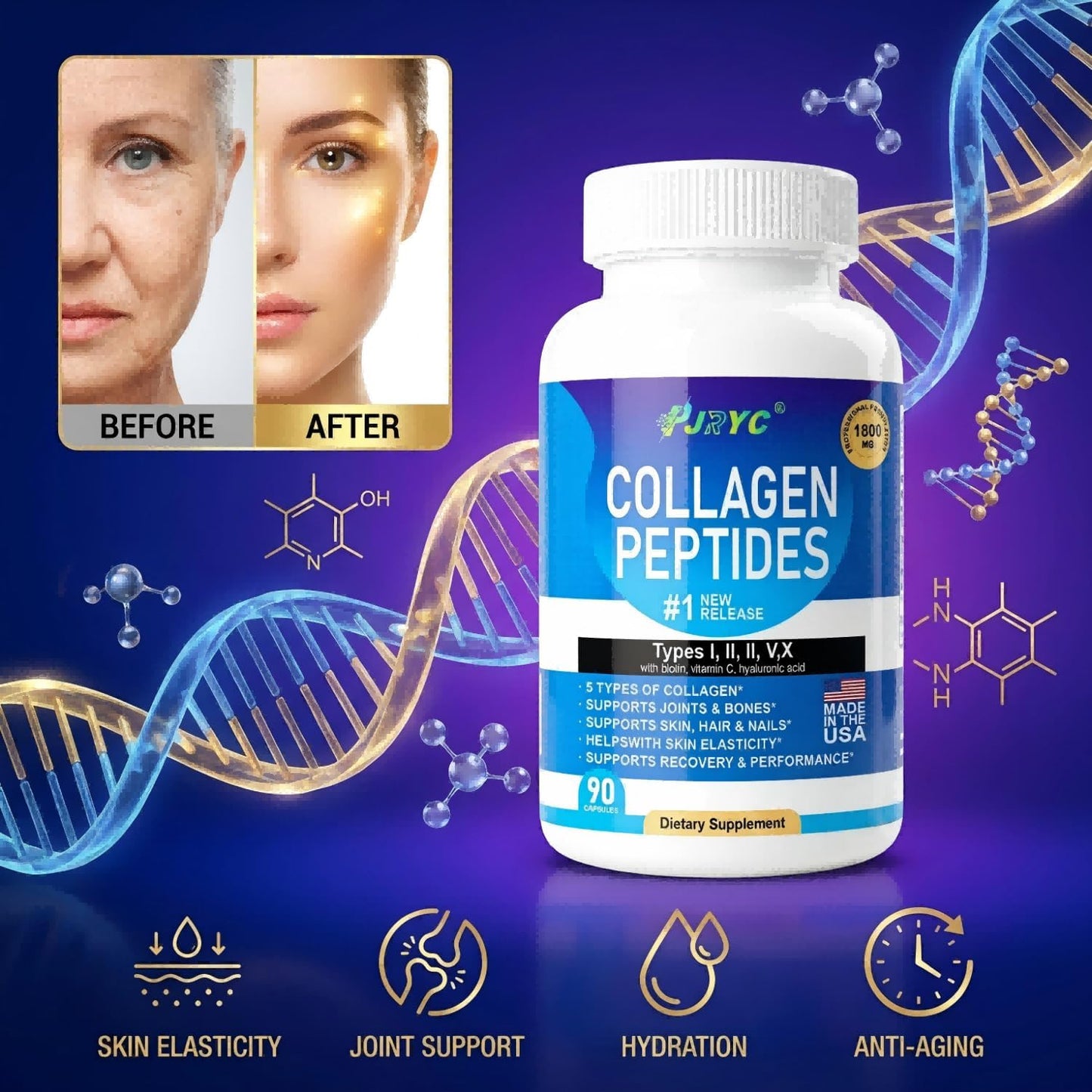 PJRYC Multi Collagen Peptides for Women & Men, 180 Capsules