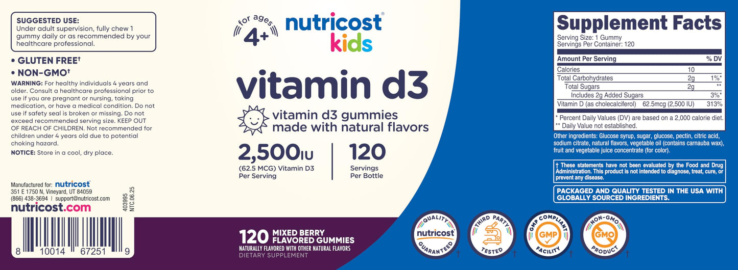 Nutricost Kids Vitamin D3 Gummies 2,500 IU (62.5mcg), 120 Gummies