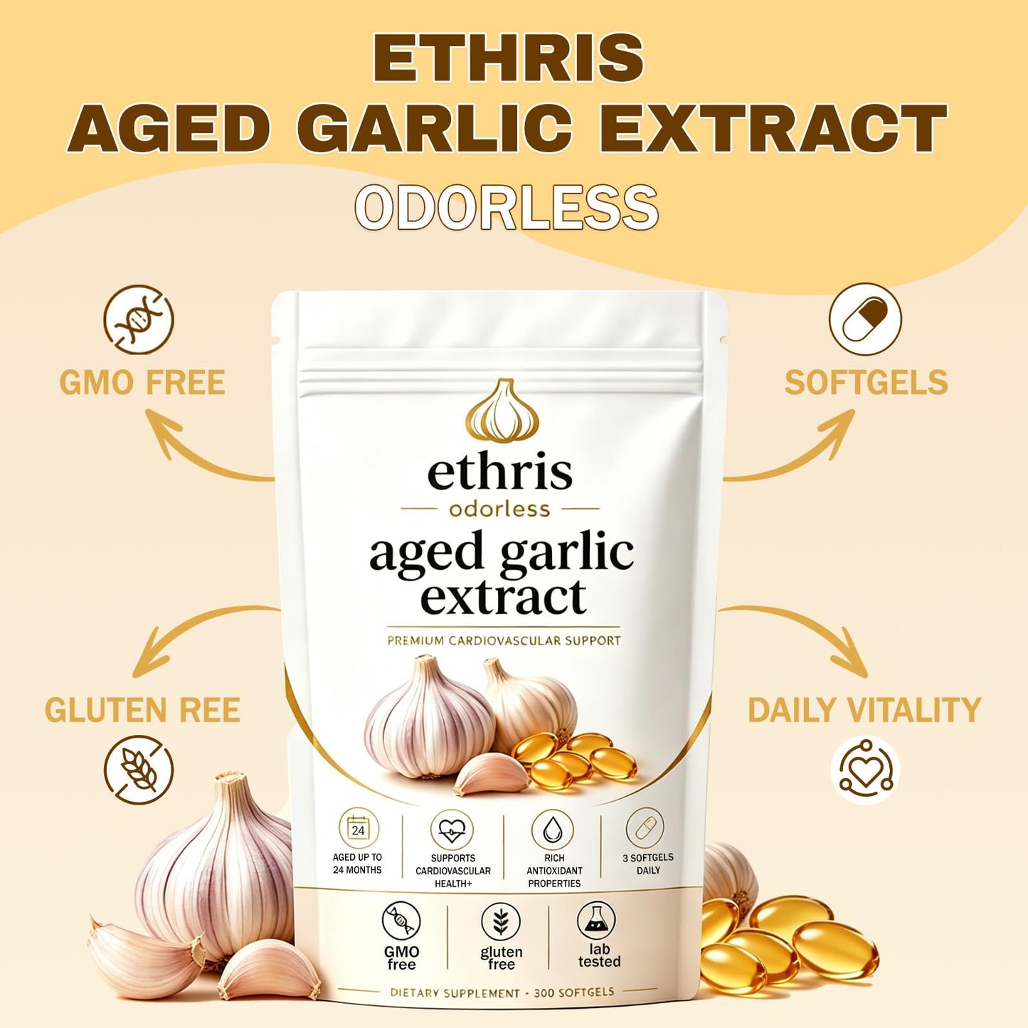 TYDOTT Ethris Odorless Aged Garlic Extract Softgels 300 Capsules