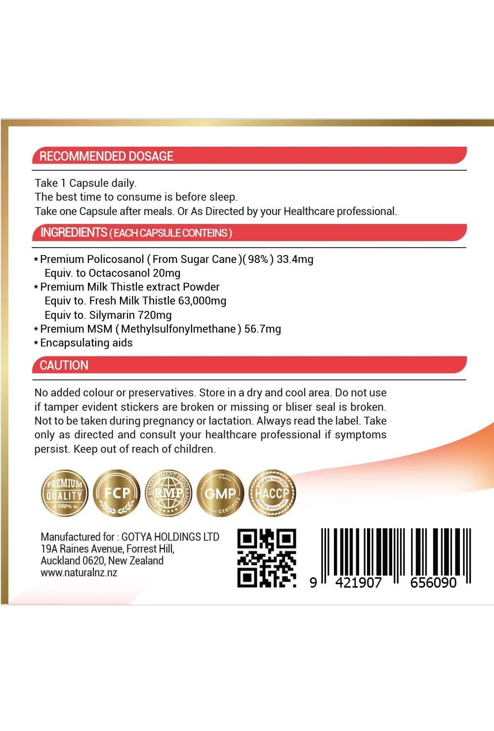 Natural NZ Polithisfur (Policosanol + Milk Thistle + MSM) Vege Capsules, 90