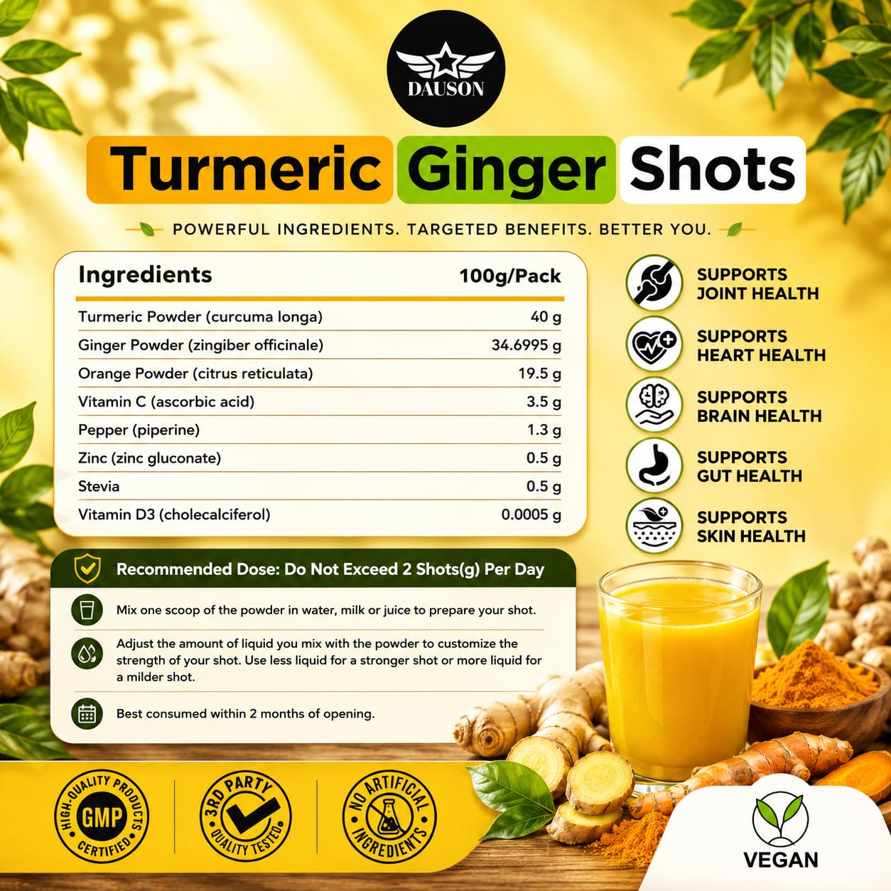 DAUSON Turmeric Shots for Joint Pain, Immune Boost, Gut Health Powder 100 Servings