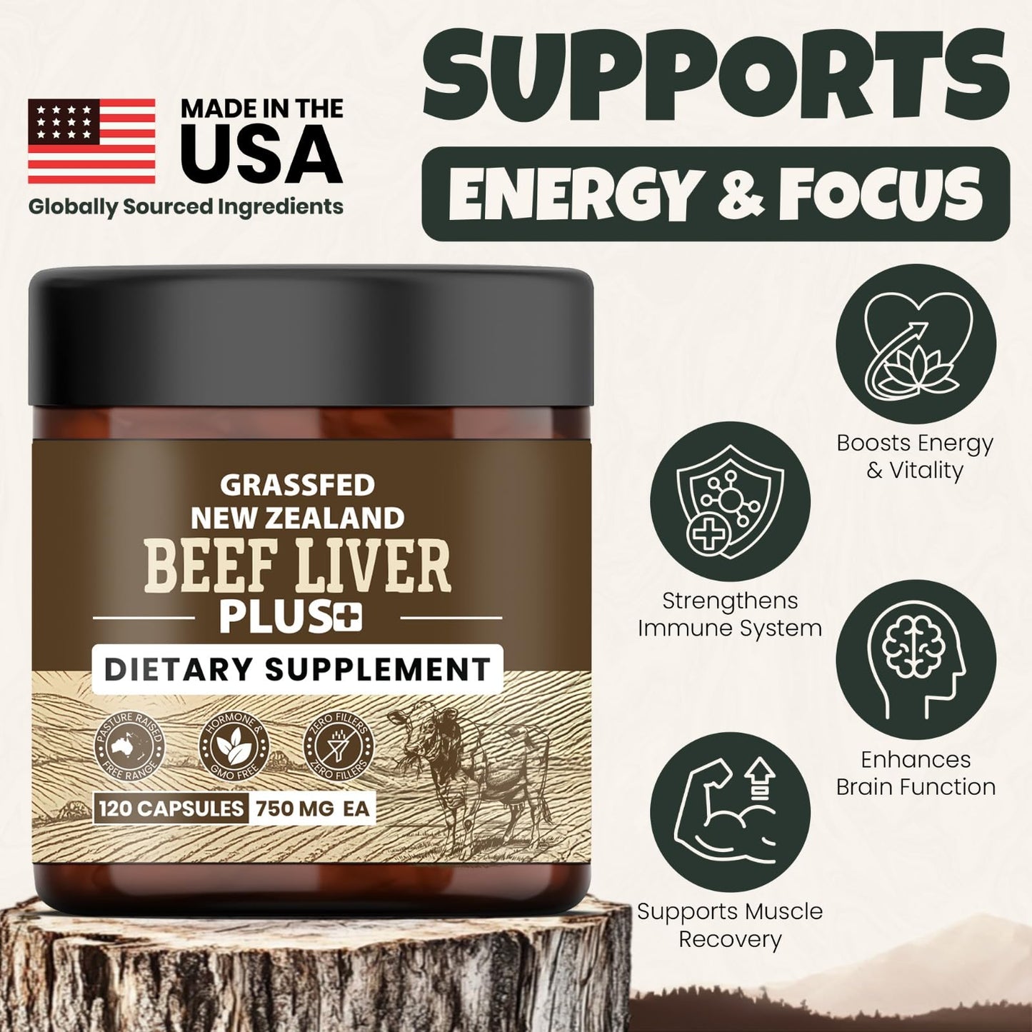 Ancient Diosa Grassfed Beef Liver Plus Supplement 3000mg, 120 Capsules
